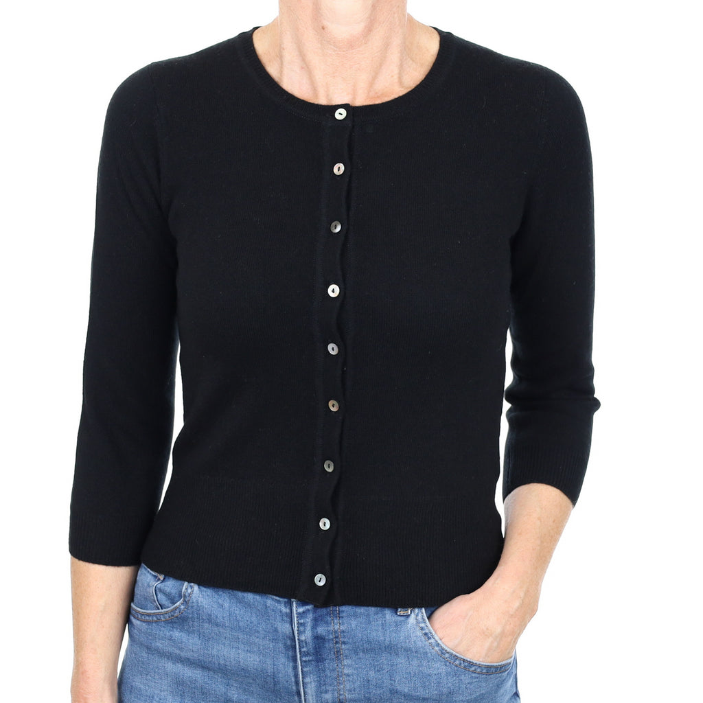 New Black Cashmere Crew Neck Cardigan Small