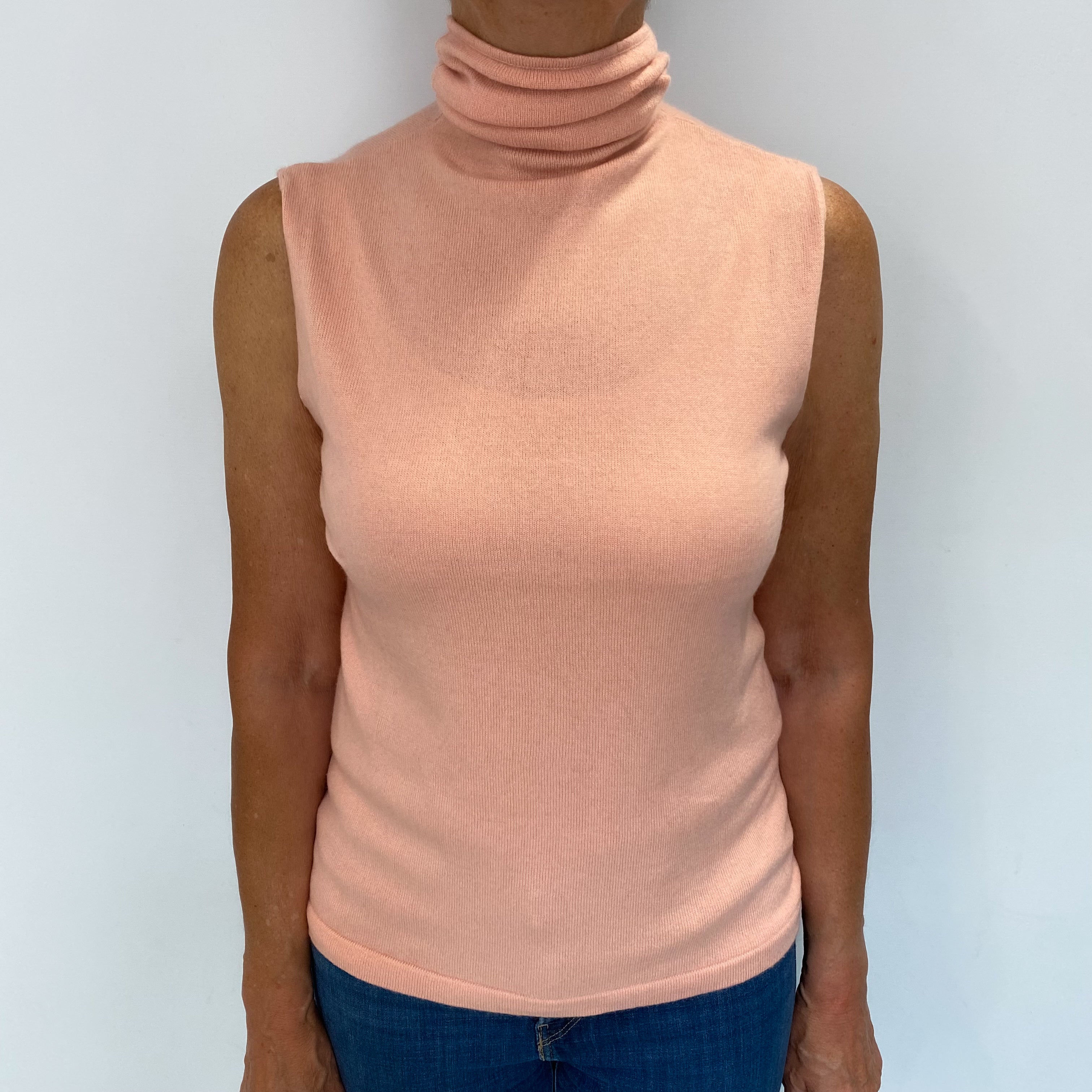 Palest Coral Cashmere Sleeveless Polo Neck Jumper Medium