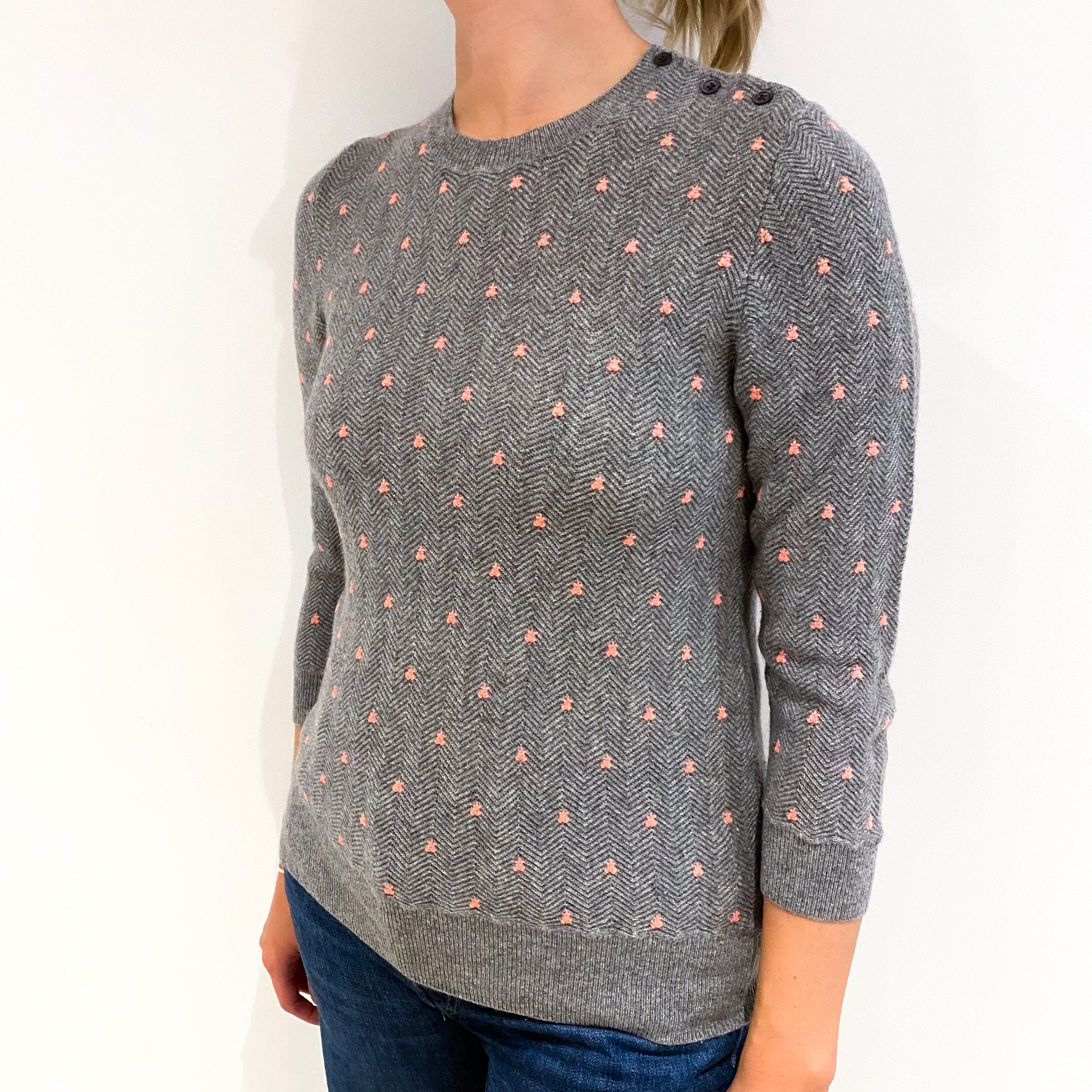 Ash Grey and Coral Cashmere Crew Neck Jumper Small