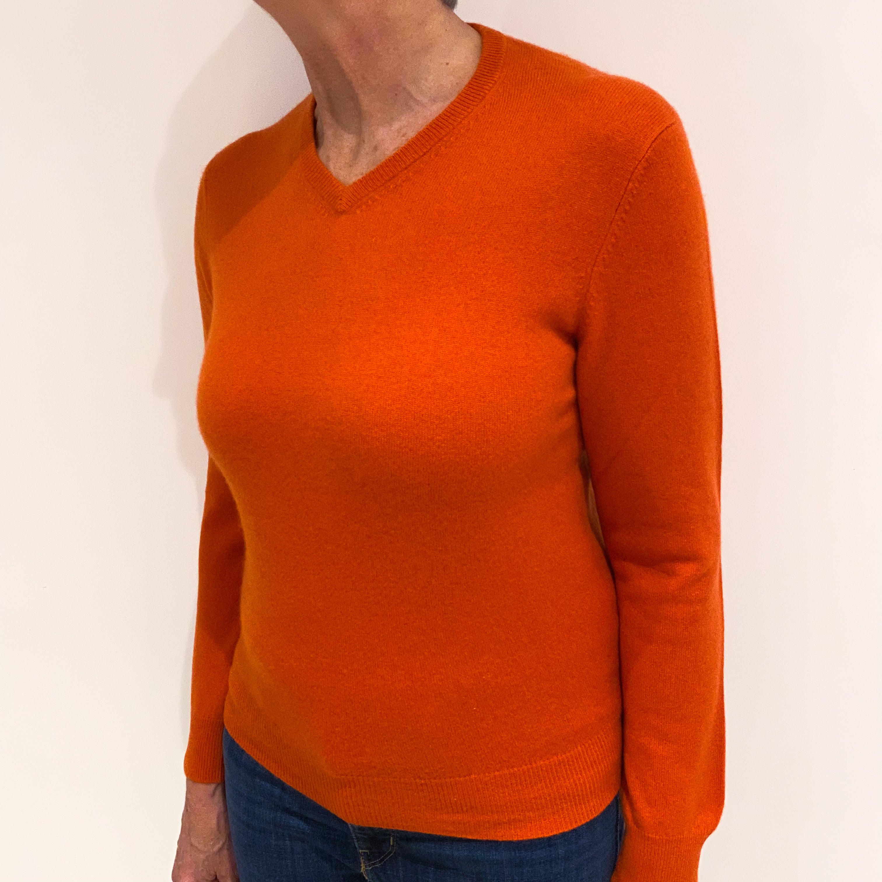 Tangerine Orange Cashmere V Neck Jumper Medium