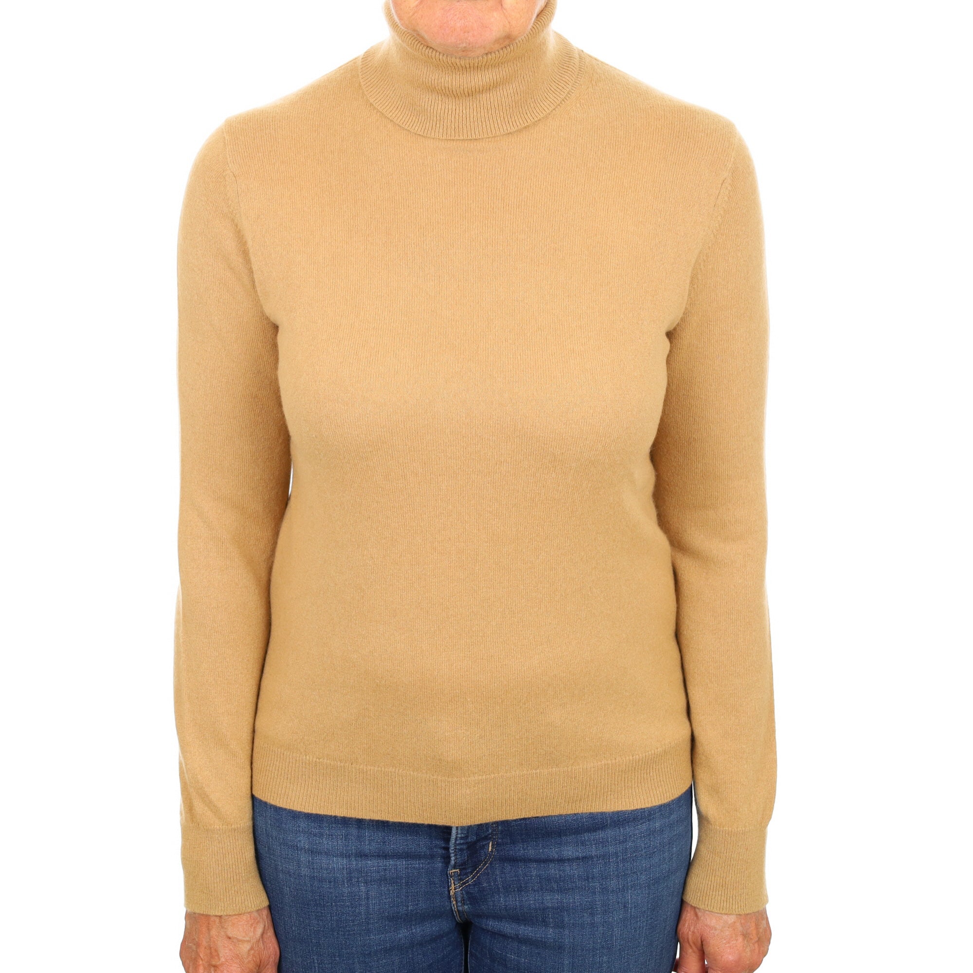 Camel Brown Cashmere Polo Neck Jumper Medium