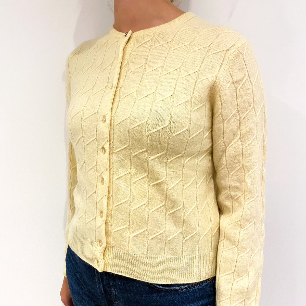 Pale Yellow Cable Cashmere Crew Neck Cardigan Small