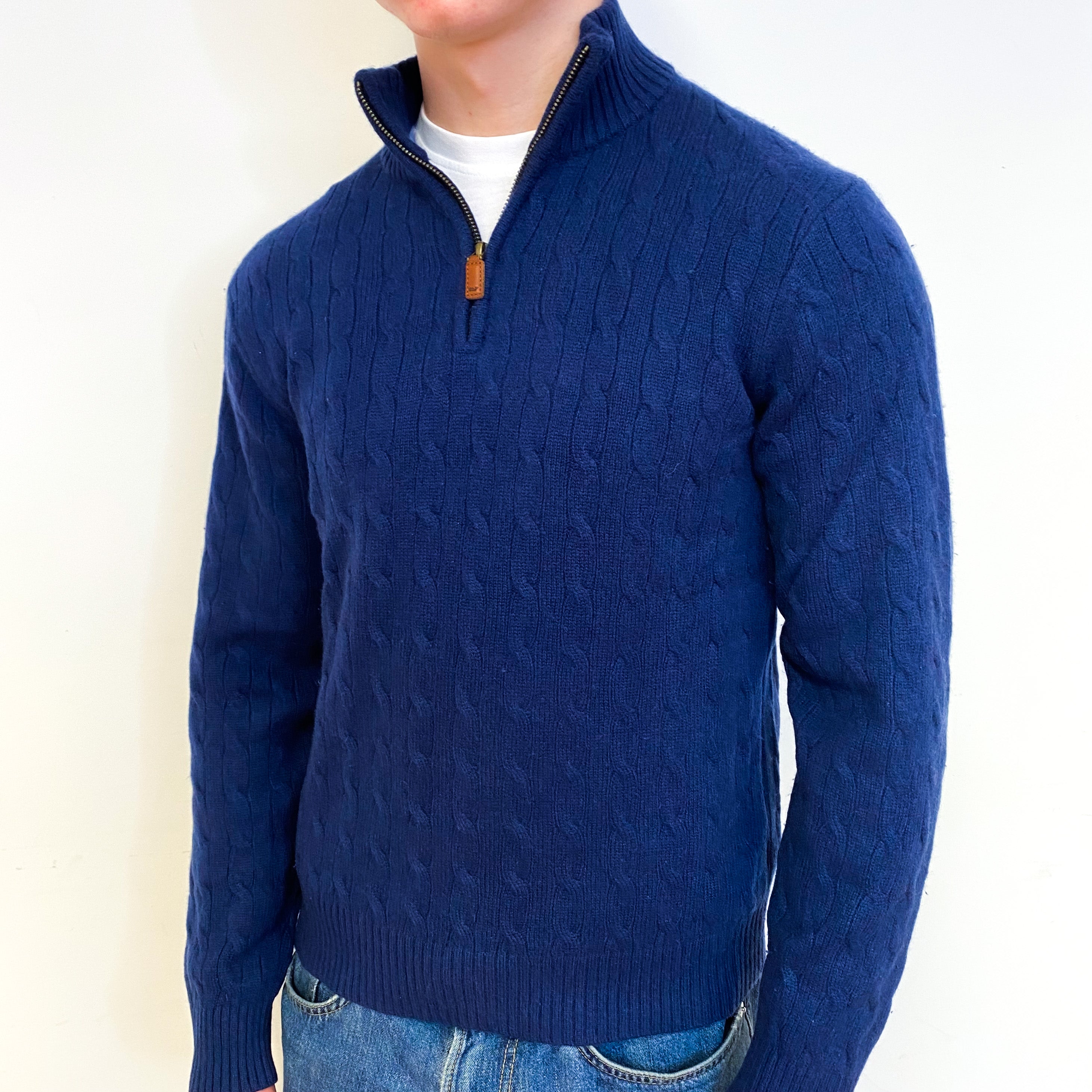 Men's Naval Blue Cable Cashmere 1/4 Zip Jumper Small