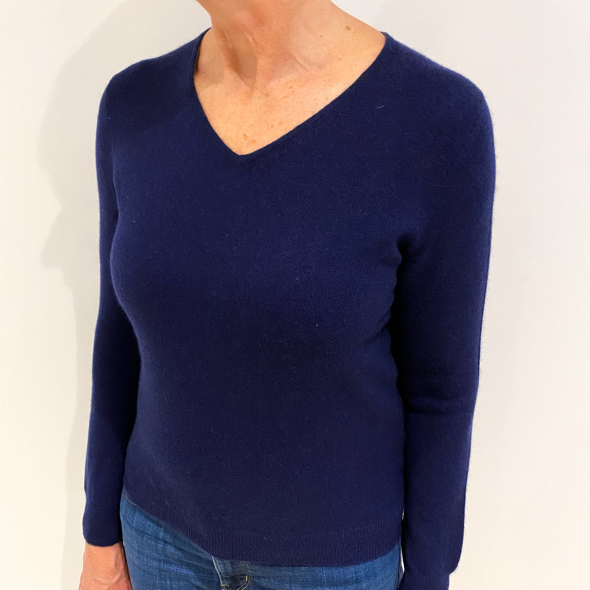 Navy Blue Cashmere V Neck Jumper Medium