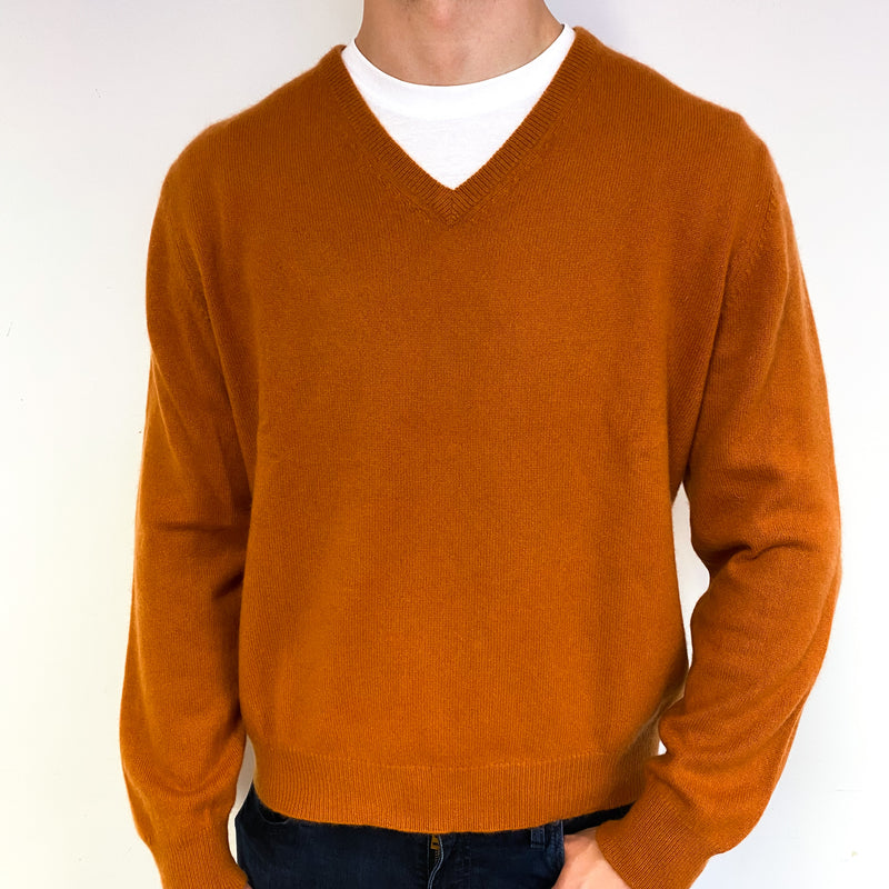 Men's Gingerbread Orange Cashmere V-Neck Jumper Extra Extra Large