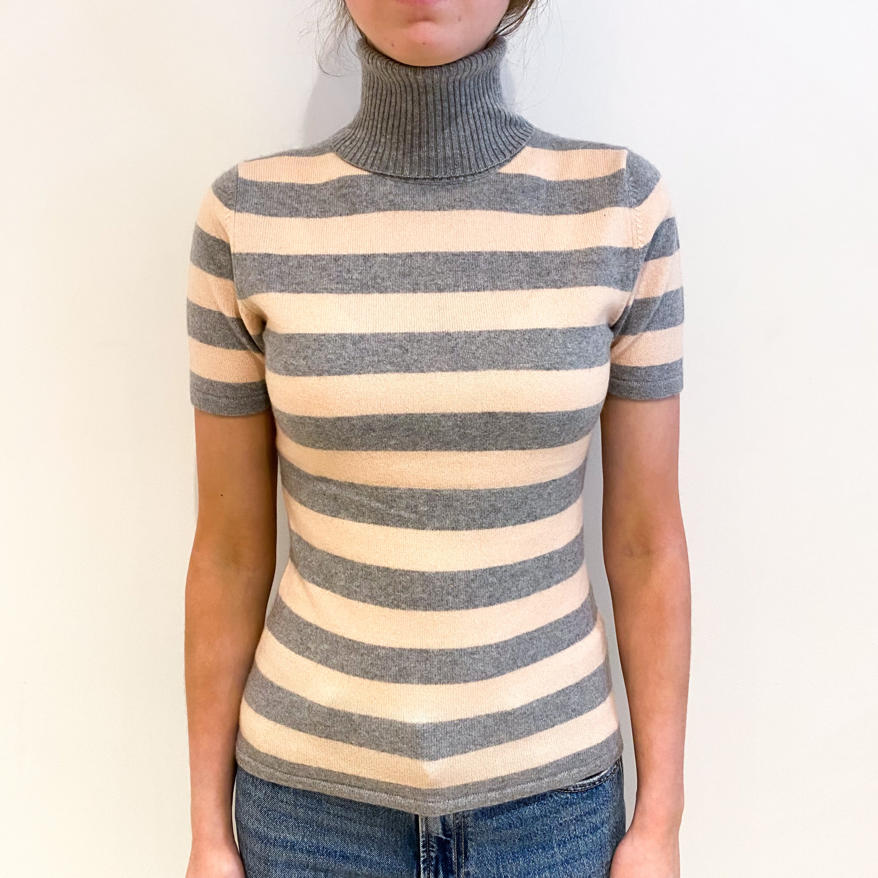 Grey And Pink Striped Cashmere Polo Neck Short Sleeved Jumper Extra Small