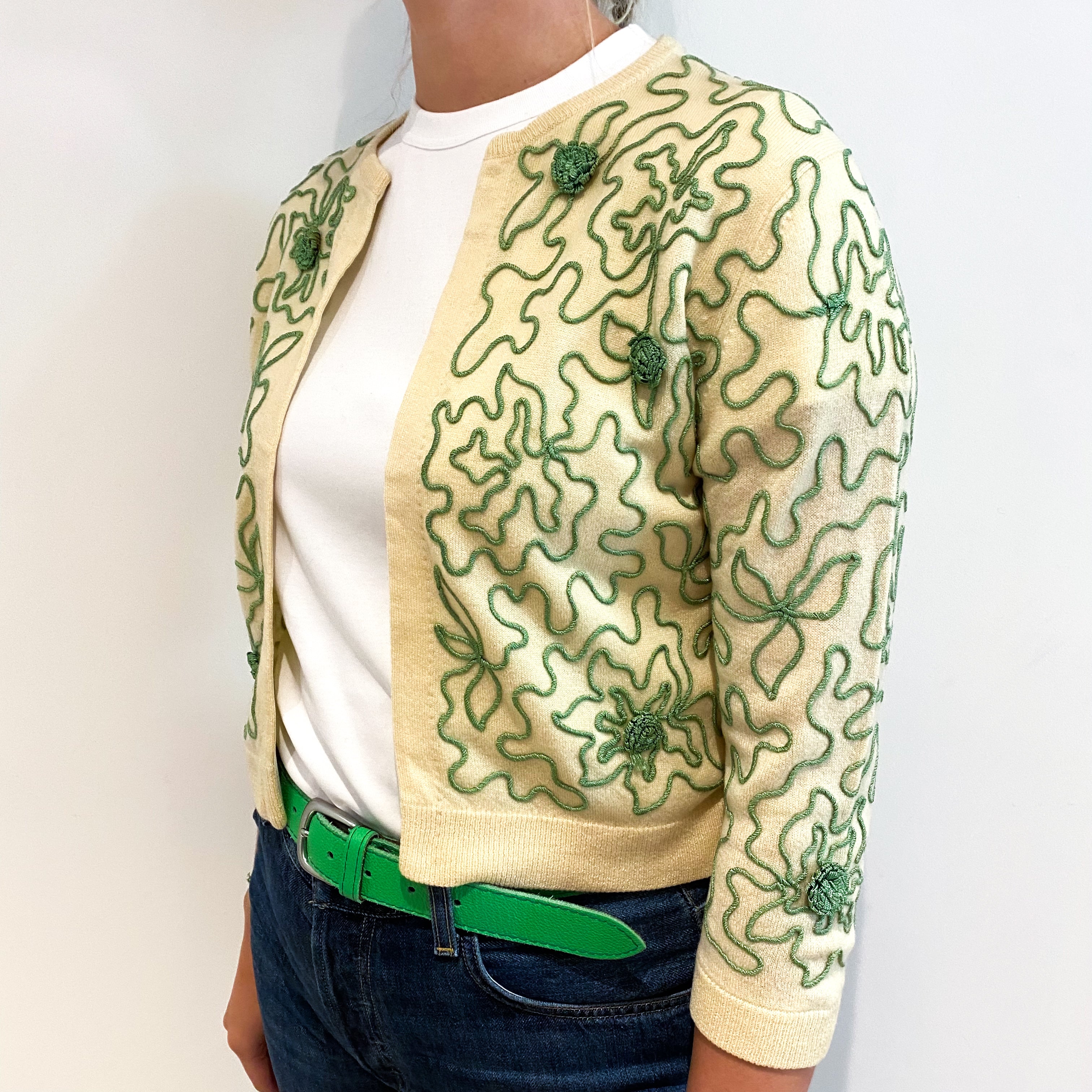 Vintage Pear Green Spiral Cashmere Edge to Edge Cardigan Small