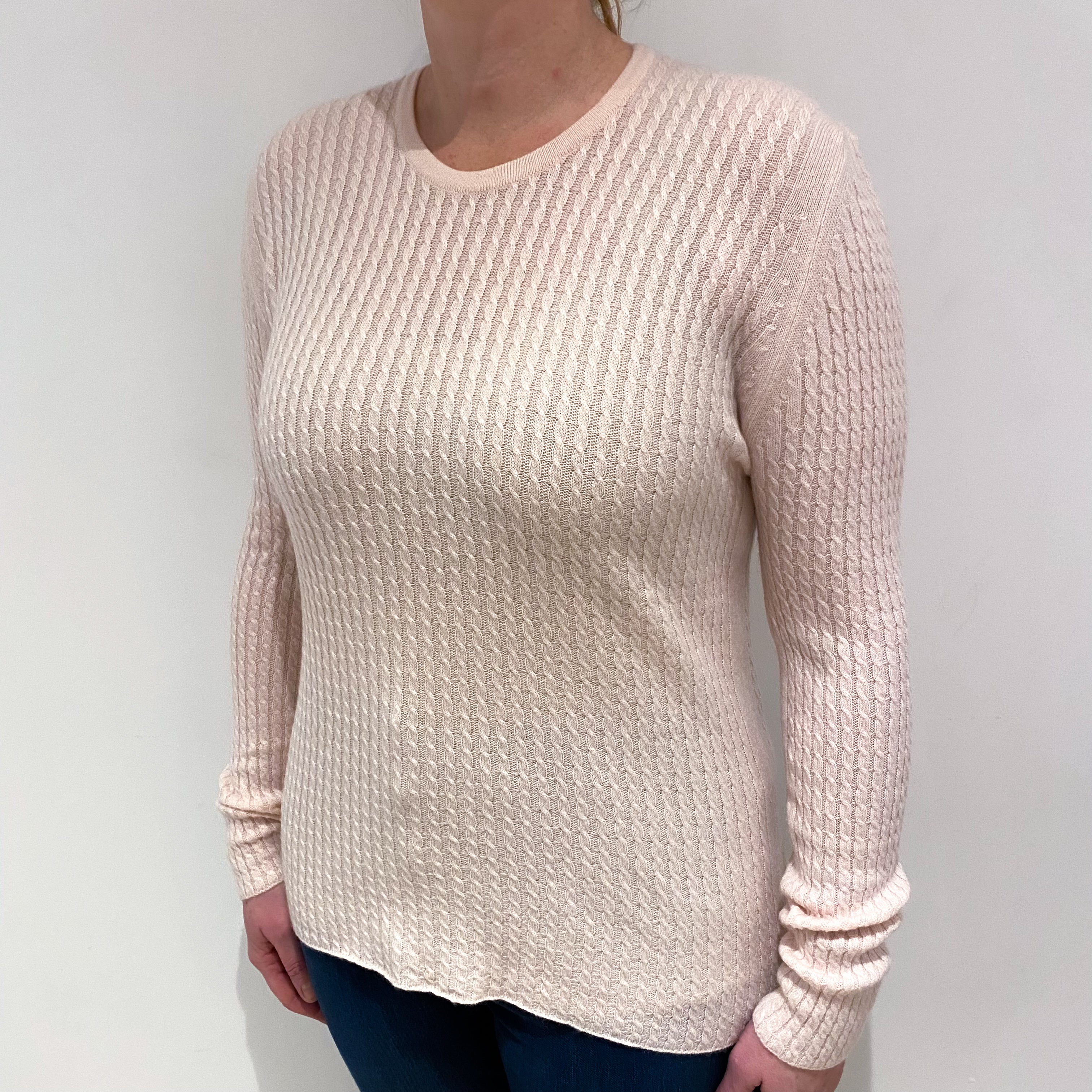 Vintage Pringle Ice Pink Cable Knit Cashmere Crew Neck Jumper Large