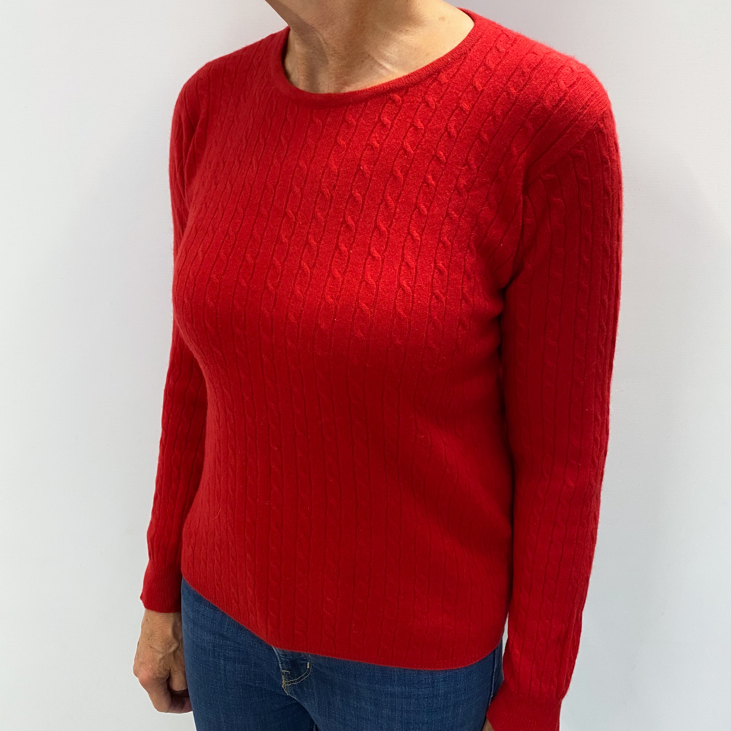 Scarlet Red Cashmere Crew Neck Cable Knit Jumper Medium