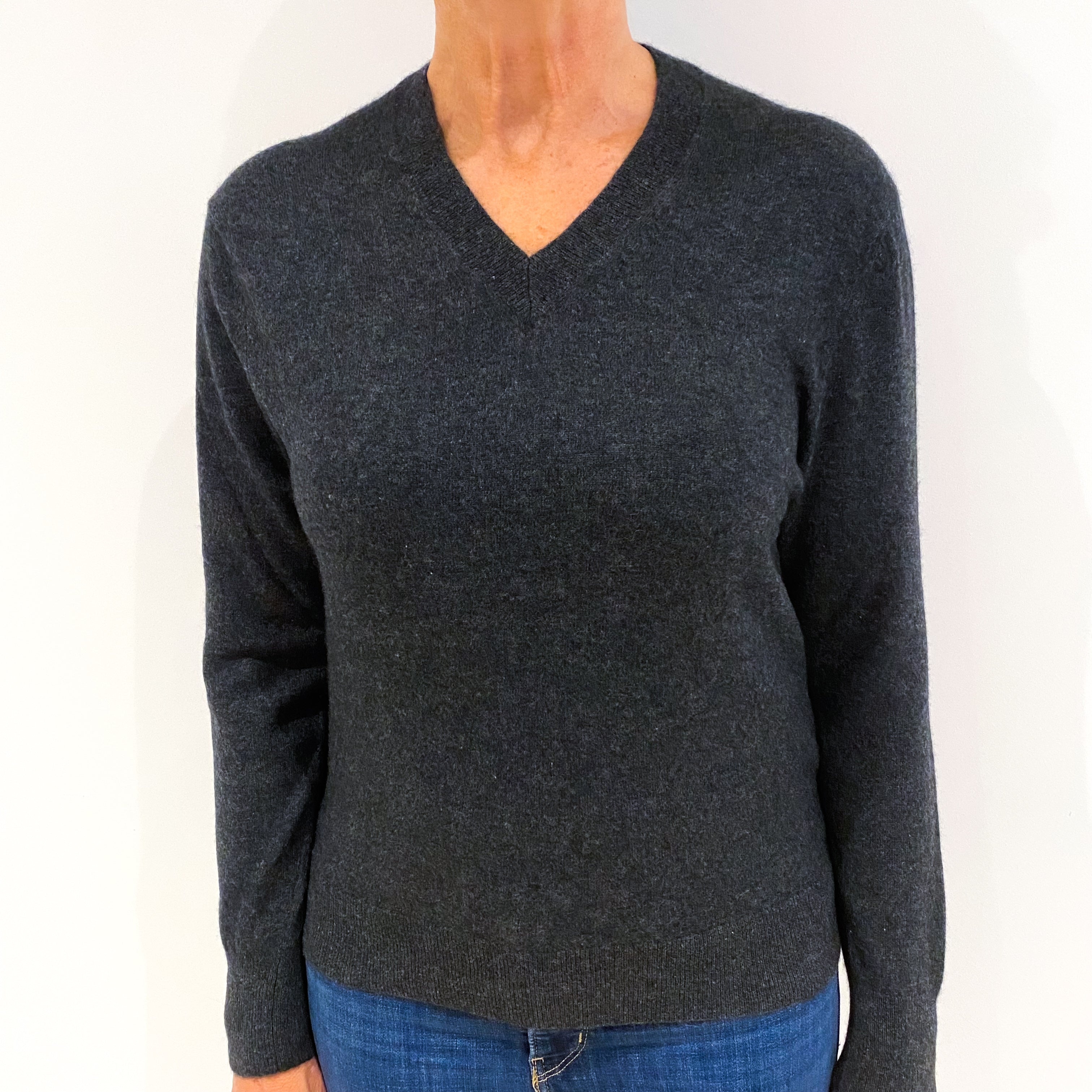 Charcoal Grey Cashmere V-Neck Jumper Medium