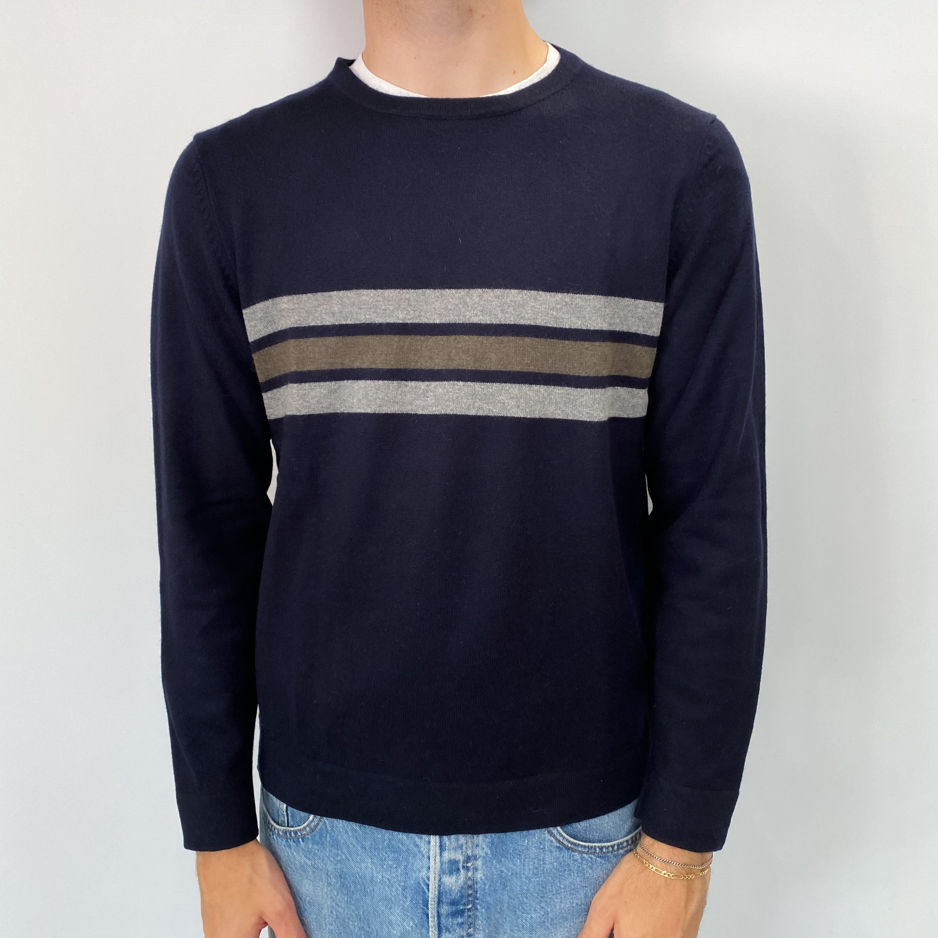 Men's Navy Stripe Cashmere Crew Neck Jumper Medium