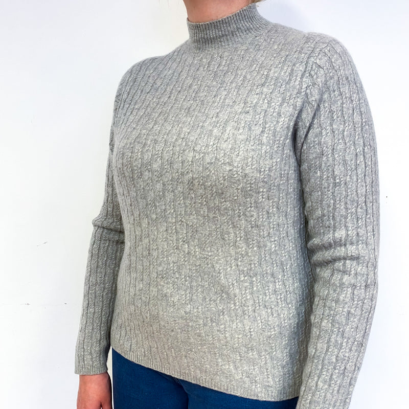 Smoke Grey Cable Cashmere Turtle Neck Jumper Large