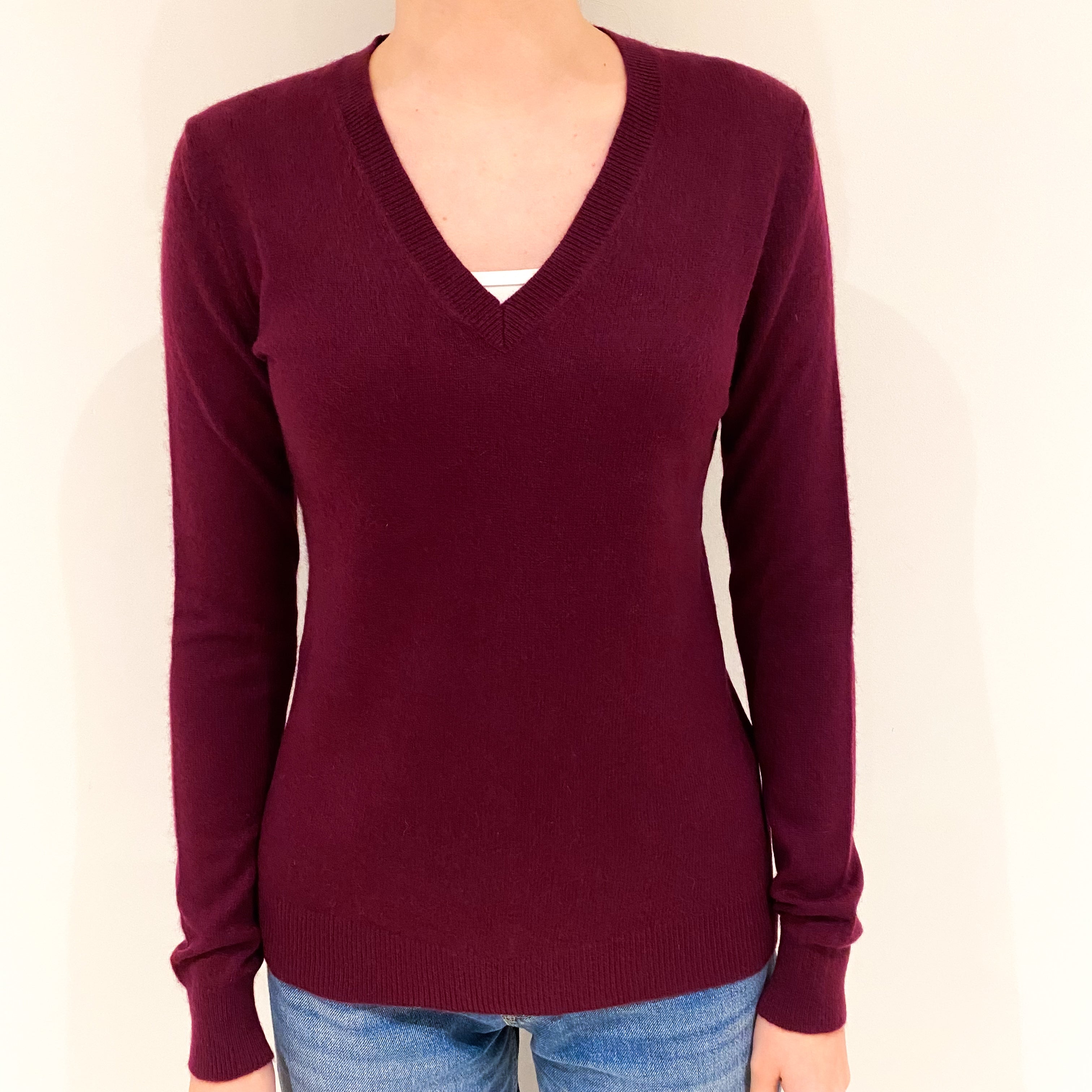 Burgundy Red Cashmere V-Neck Jumper Extra Small