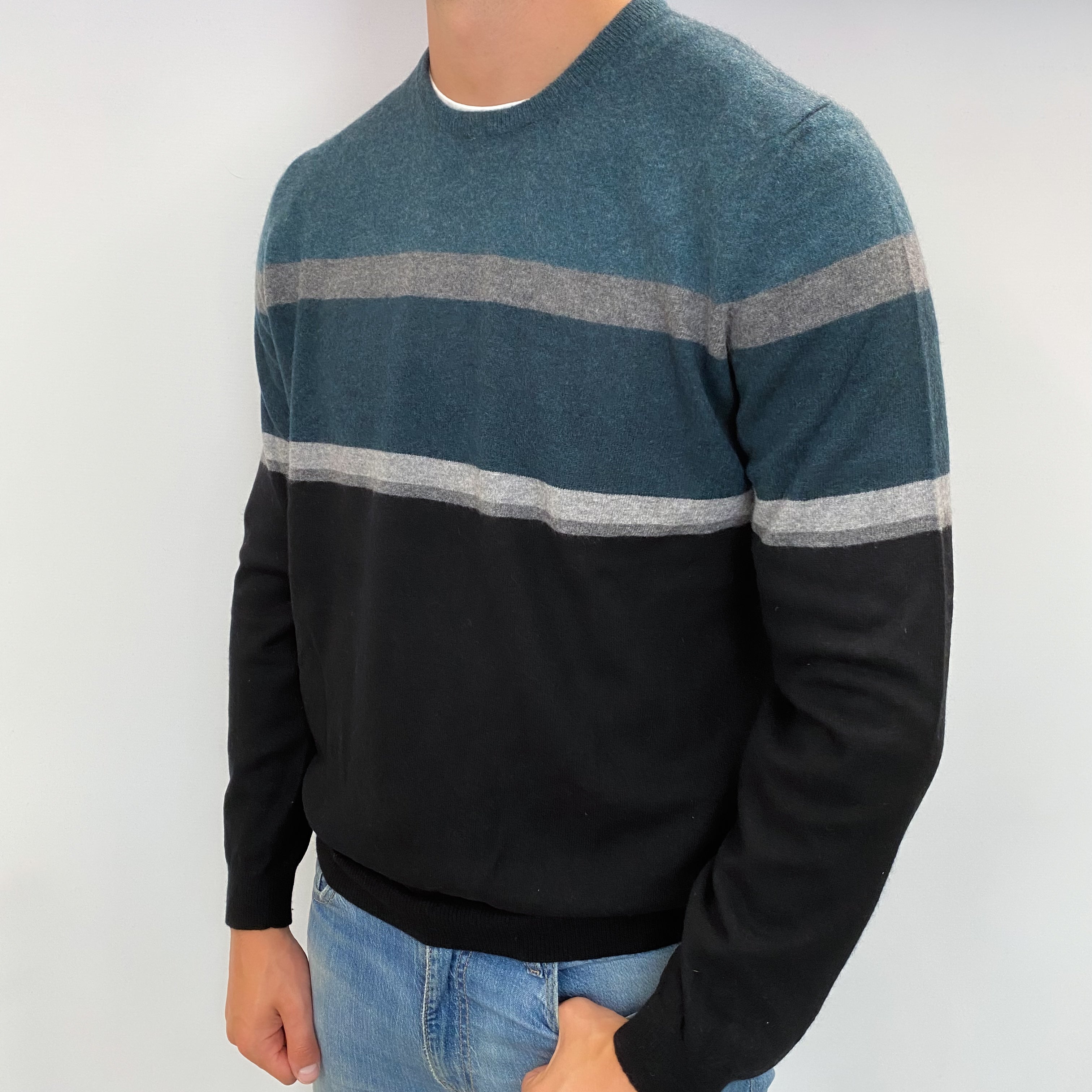 Men's Black Patterned Cashmere Crew Neck Jumper XL