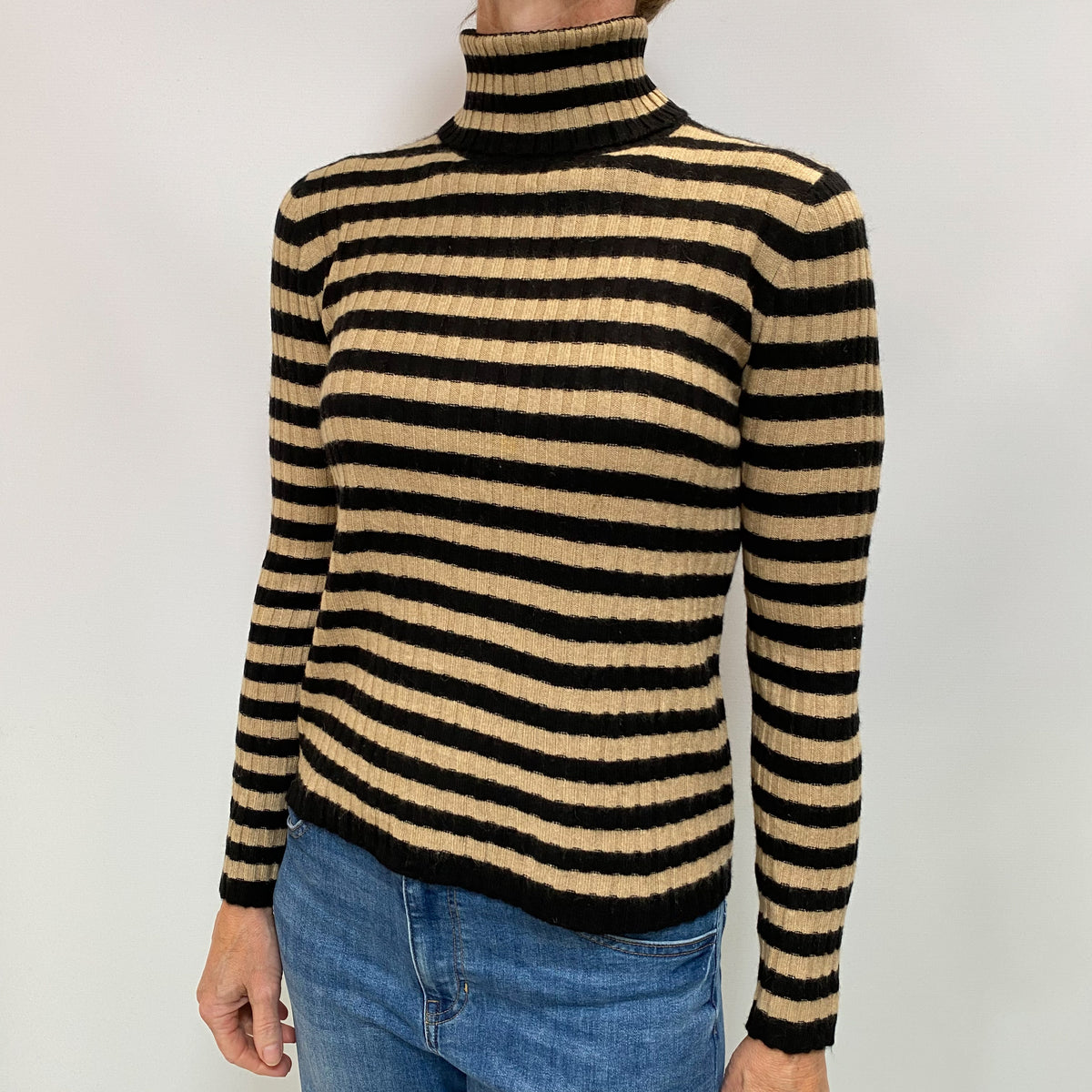 Black and Camel Striped Cashmere Polo Neck Ribbed Knit Jumper Small