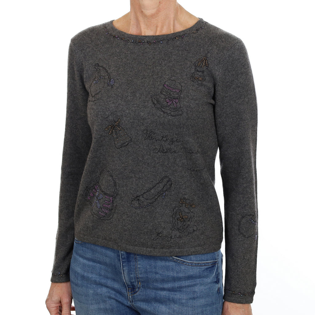 Ash Grey Beaded Cashmere Crew Neck Jumper Small