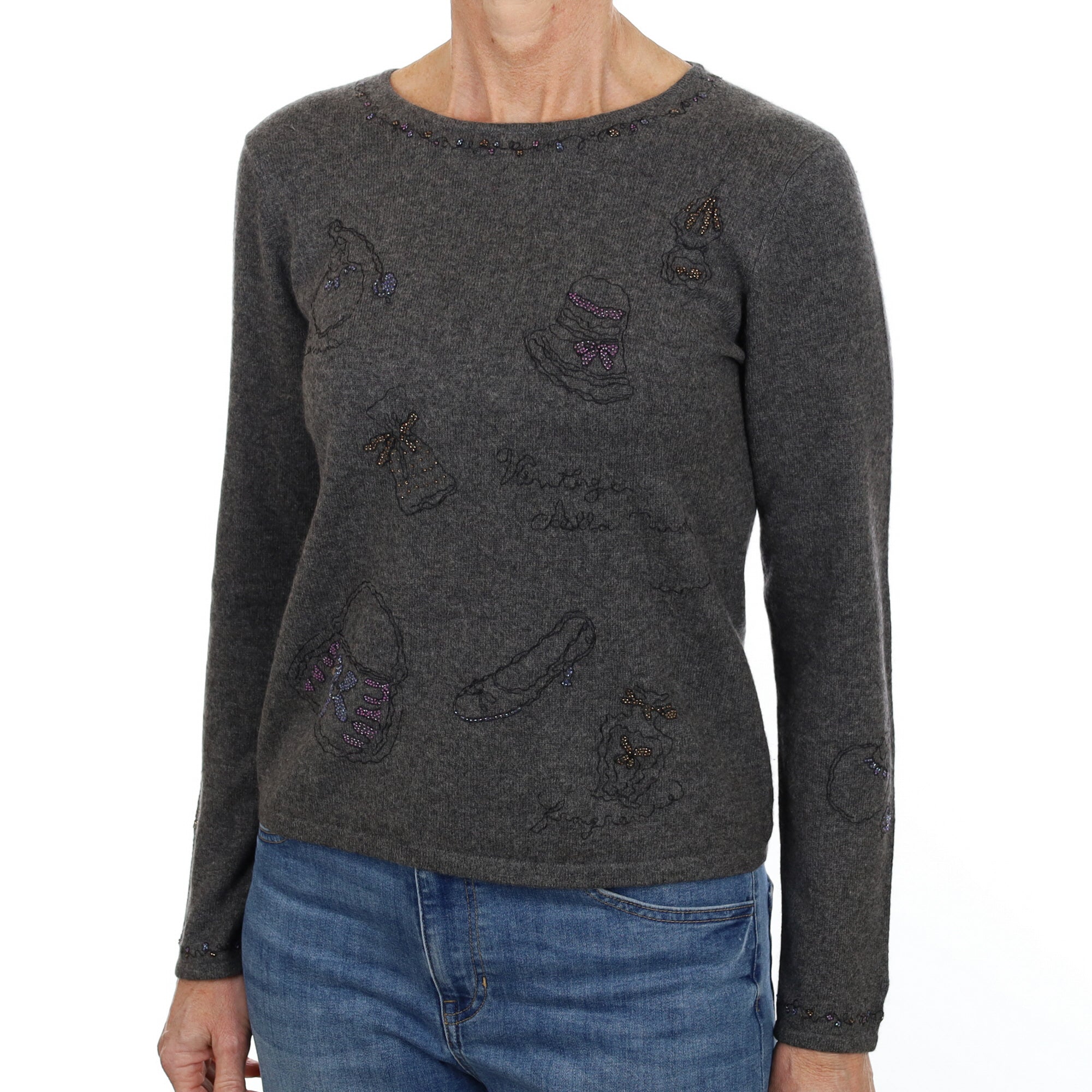 Ash Grey Beaded Cashmere Crew Neck Jumper Small
