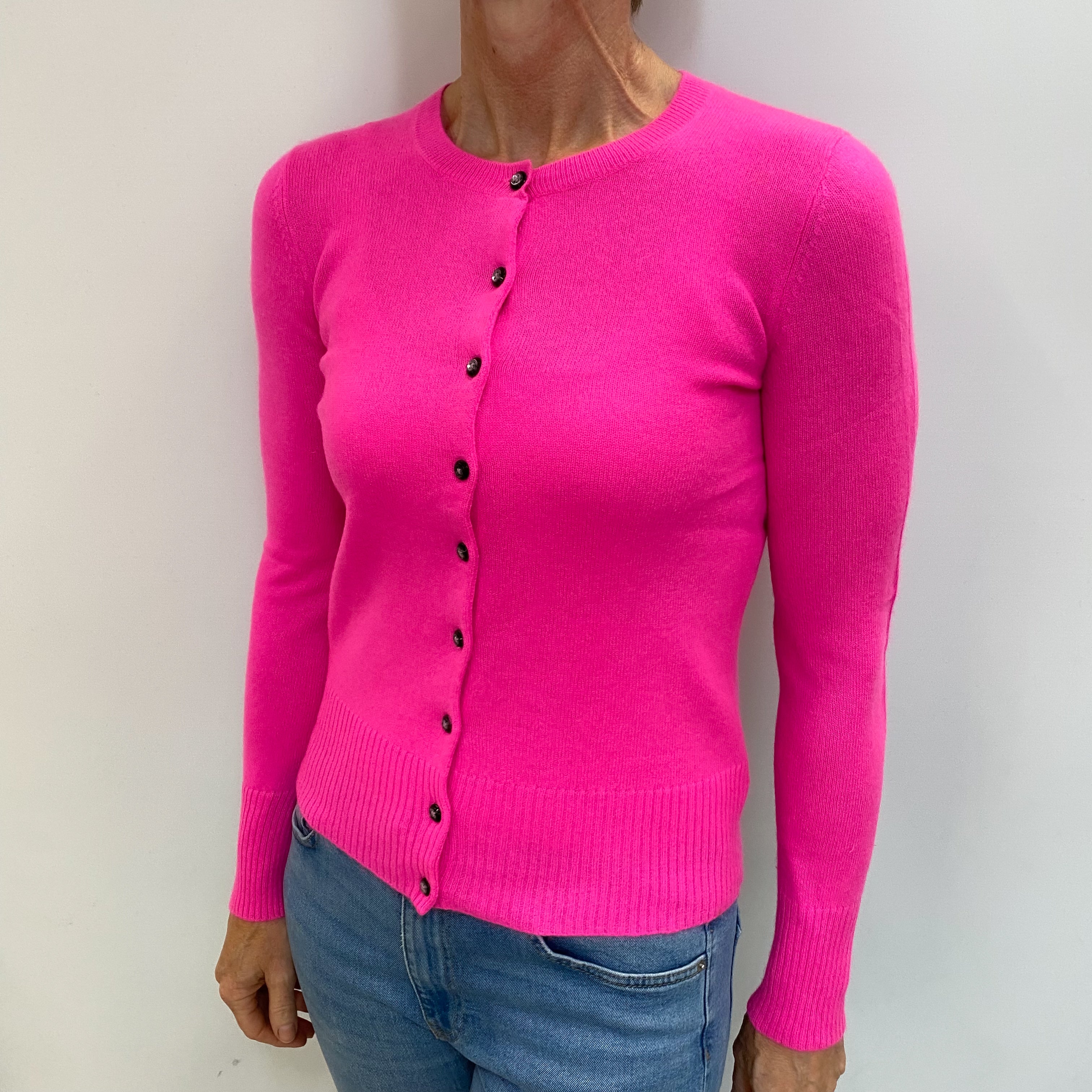 Neon Pink Cashmere Crew Neck Cardigan Small
