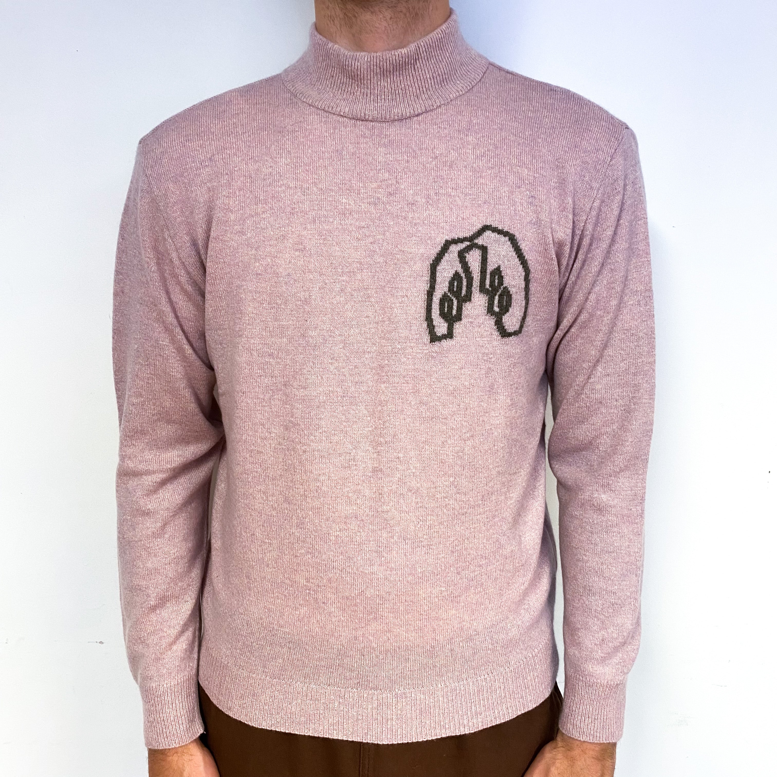 Men's Mauve Pink Animal Motif Cashmere Turtle Neck Jumper Large