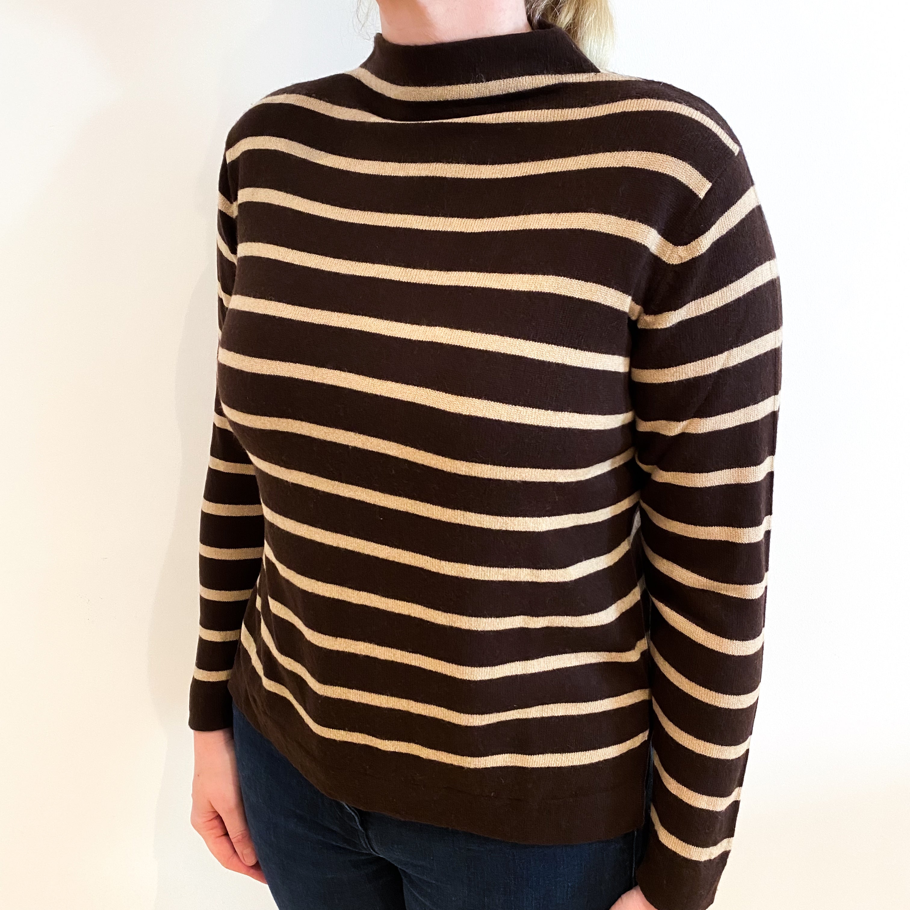 Brown And Beige Stripe Cashmere Turtle Neck Jumper Large