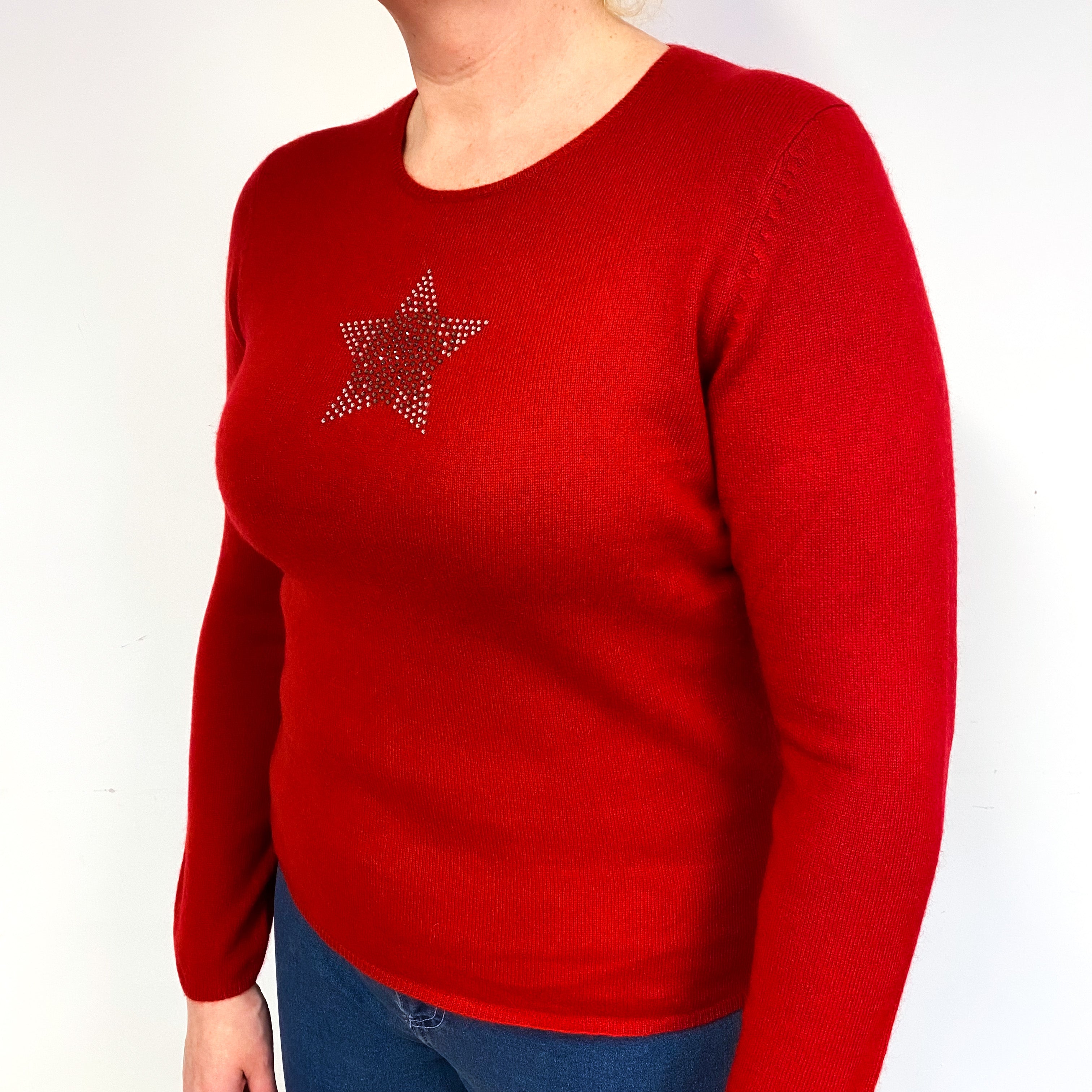 Red Diamanté Star Cashmere Crew Neck Jumper Large