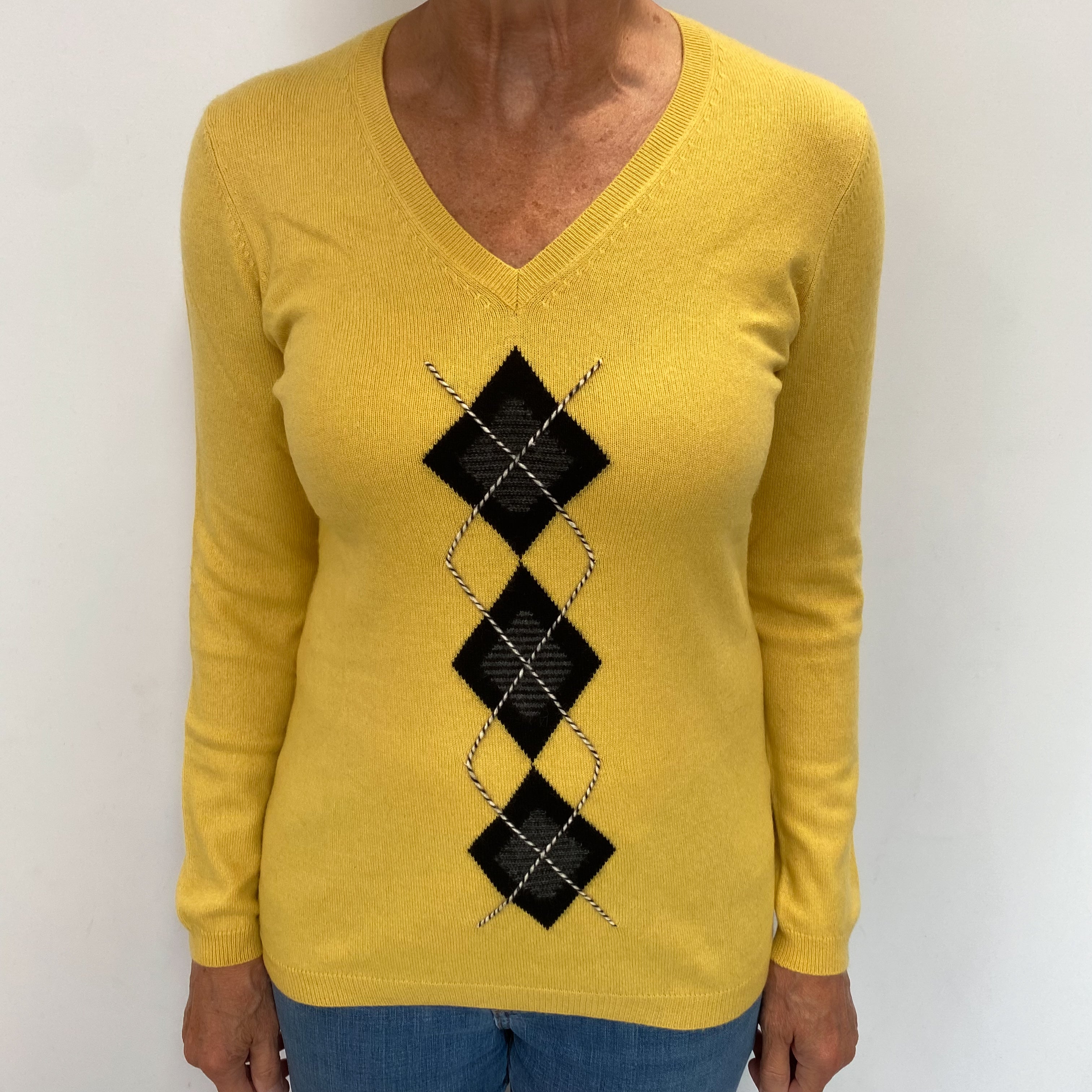 Pineapple Yellow Diamond Cashmere V Neck Jumper Medium