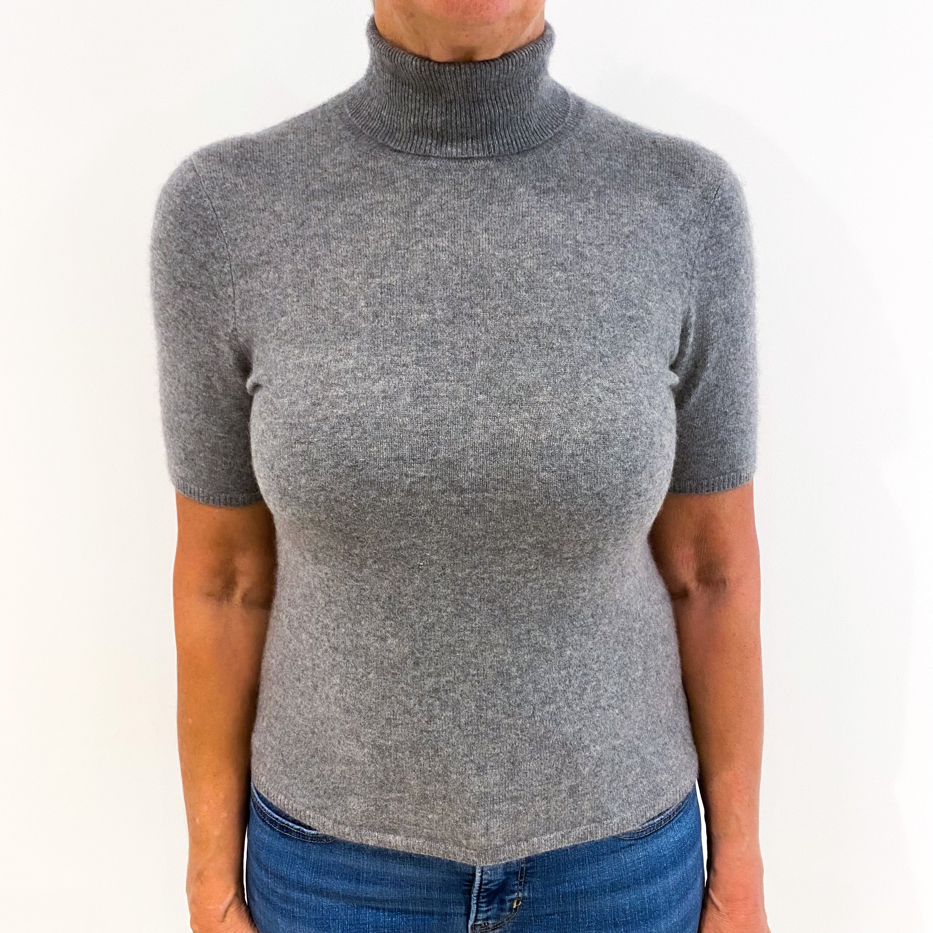 Smoke Grey Short Sleeved Cashmere Polo Neck Jumper Medium