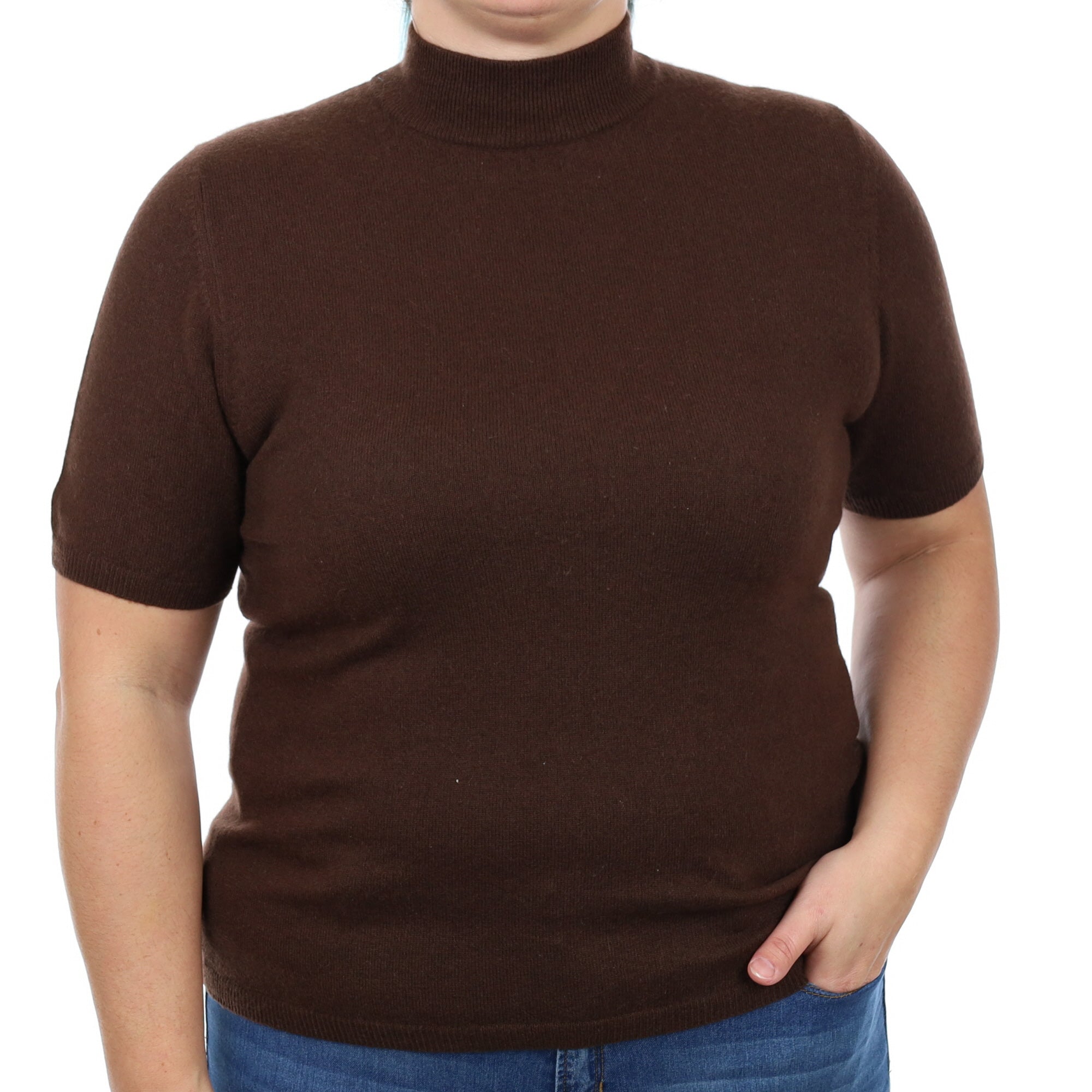 Chocolate Brown Cashmere Short Sleeve Turtle Neck Jumper Large