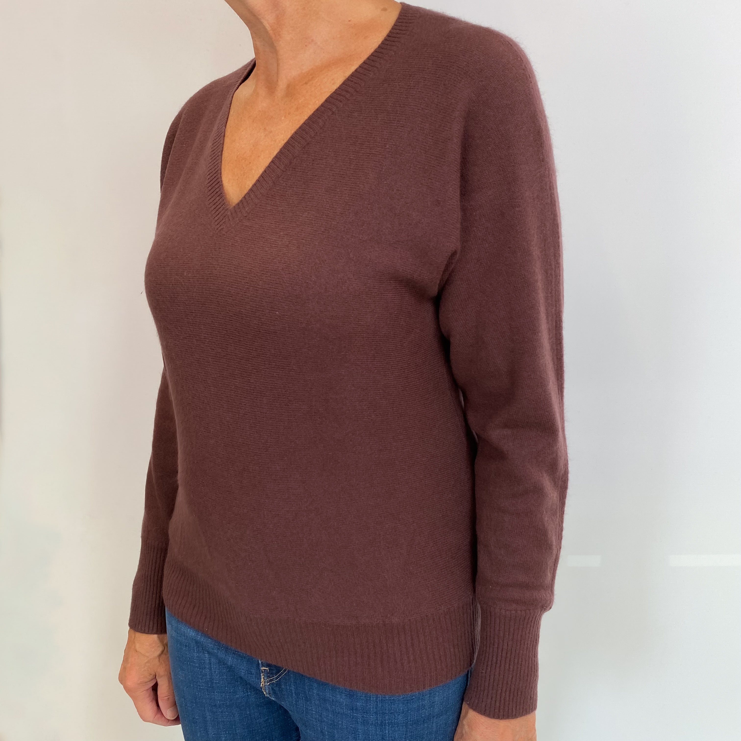 Russet Brown Cashmere V Neck Batwing Jumper Medium