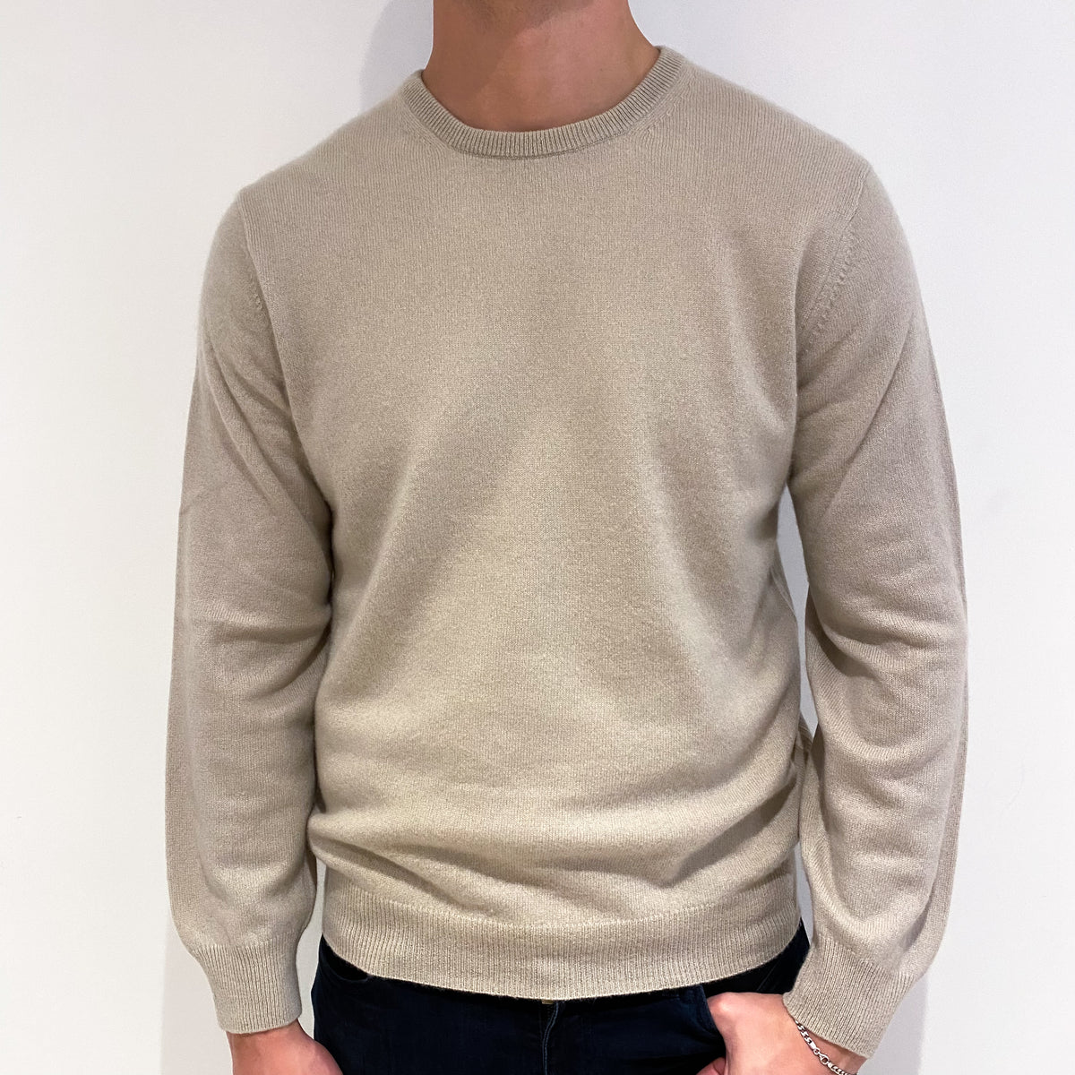 Men's Fawn Beige Cashmere Crew Neck Jumper Extra Large