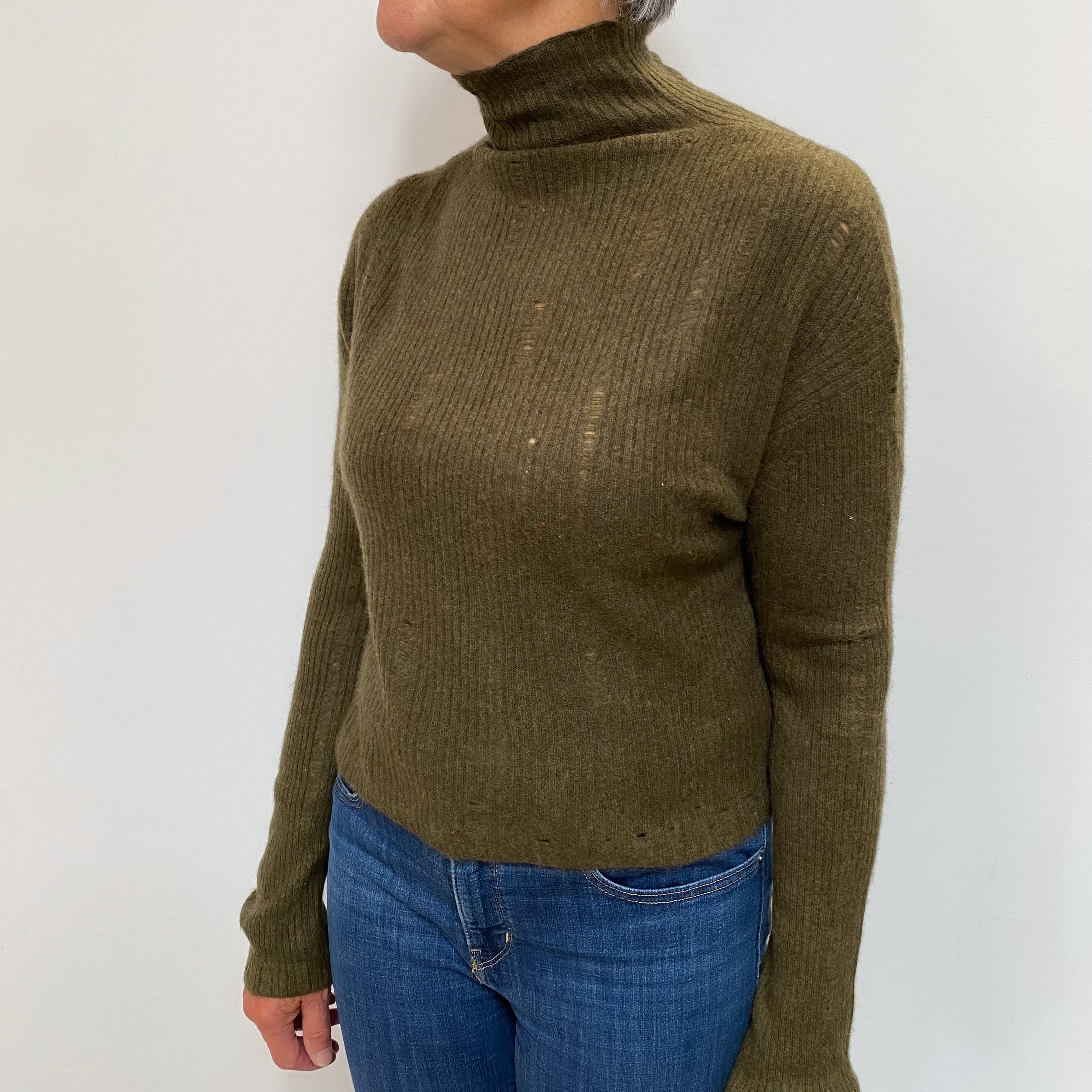 Khaki Green Cashmere Turtle Neck Jumper Medium