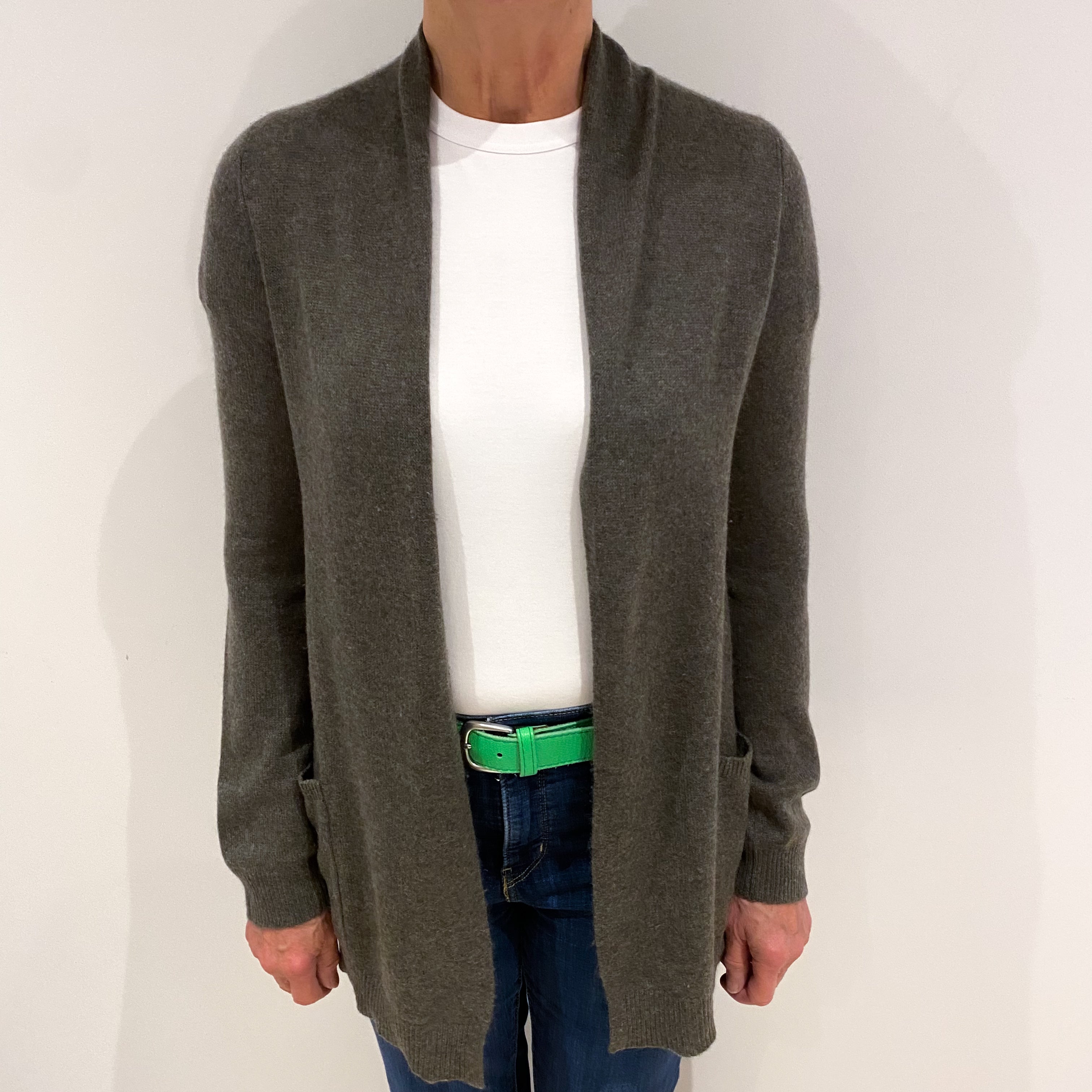 Khaki Green Cashmere Edge to Edge Cardigan Medium