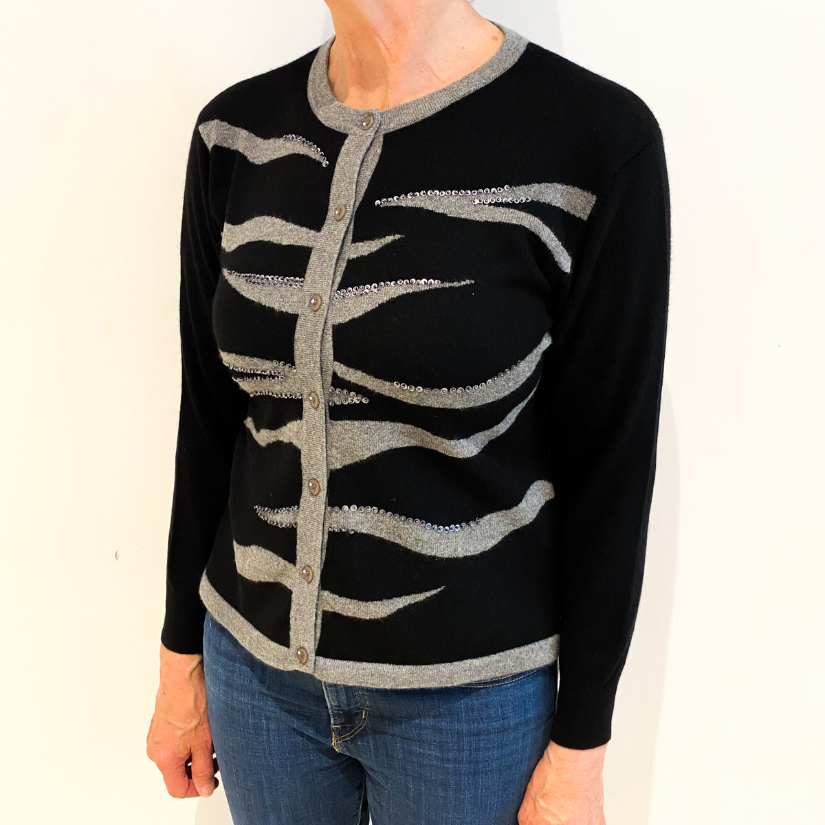 Black Patterned Cashmere Crew Neck Cardigan Medium
