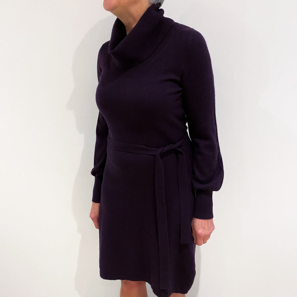 Deep Purple Cashmere Polo Neck Belted Dress Medium