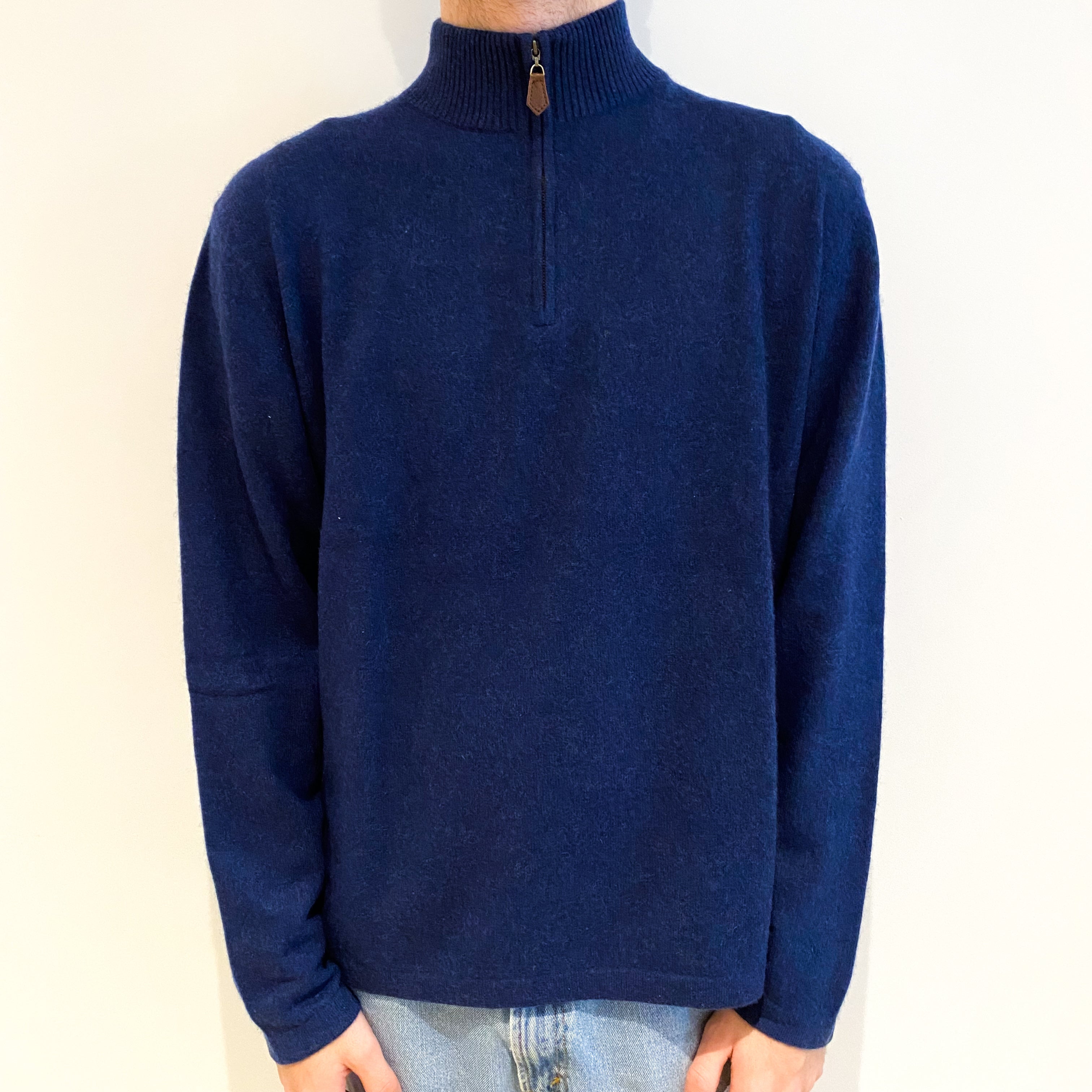 Men's Midnight Blue Cashmere 3/4 Zip V Neck Jumper Large