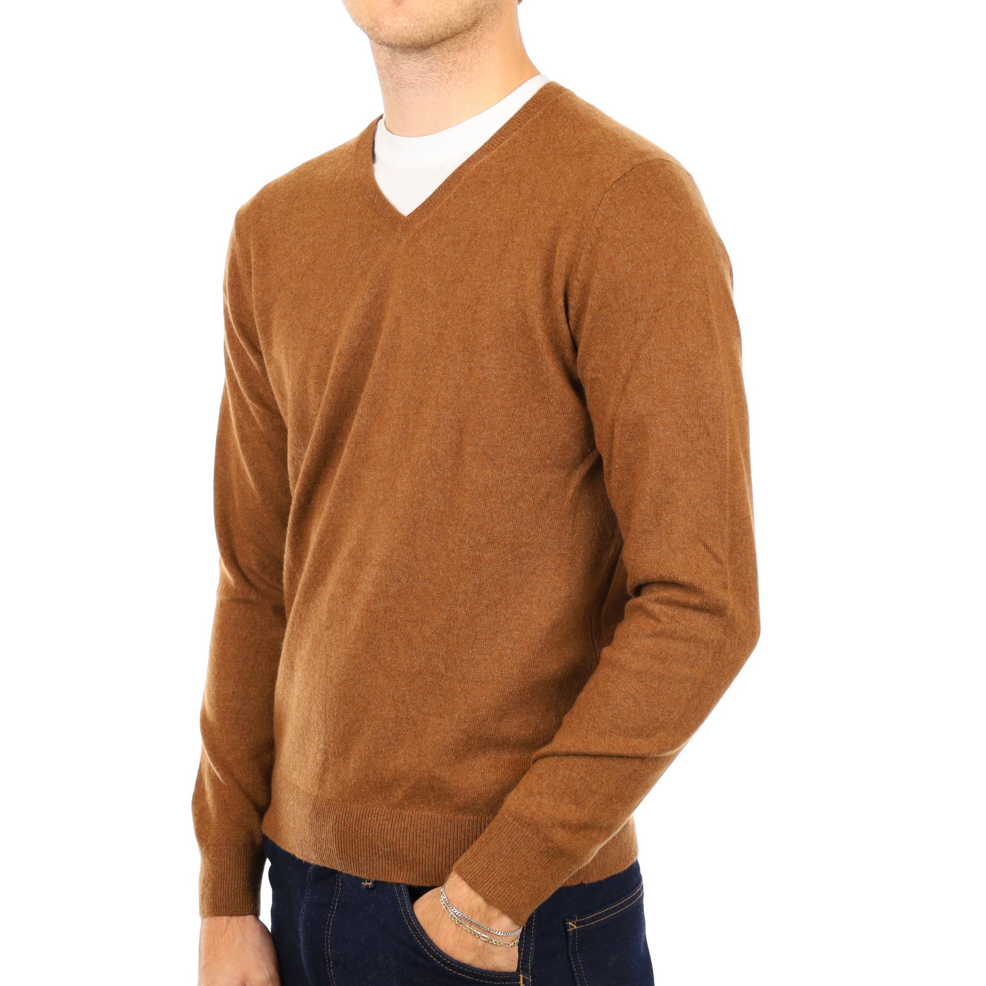 Men's Cinnamon Brown Cashmere V Neck Jumper Medium
