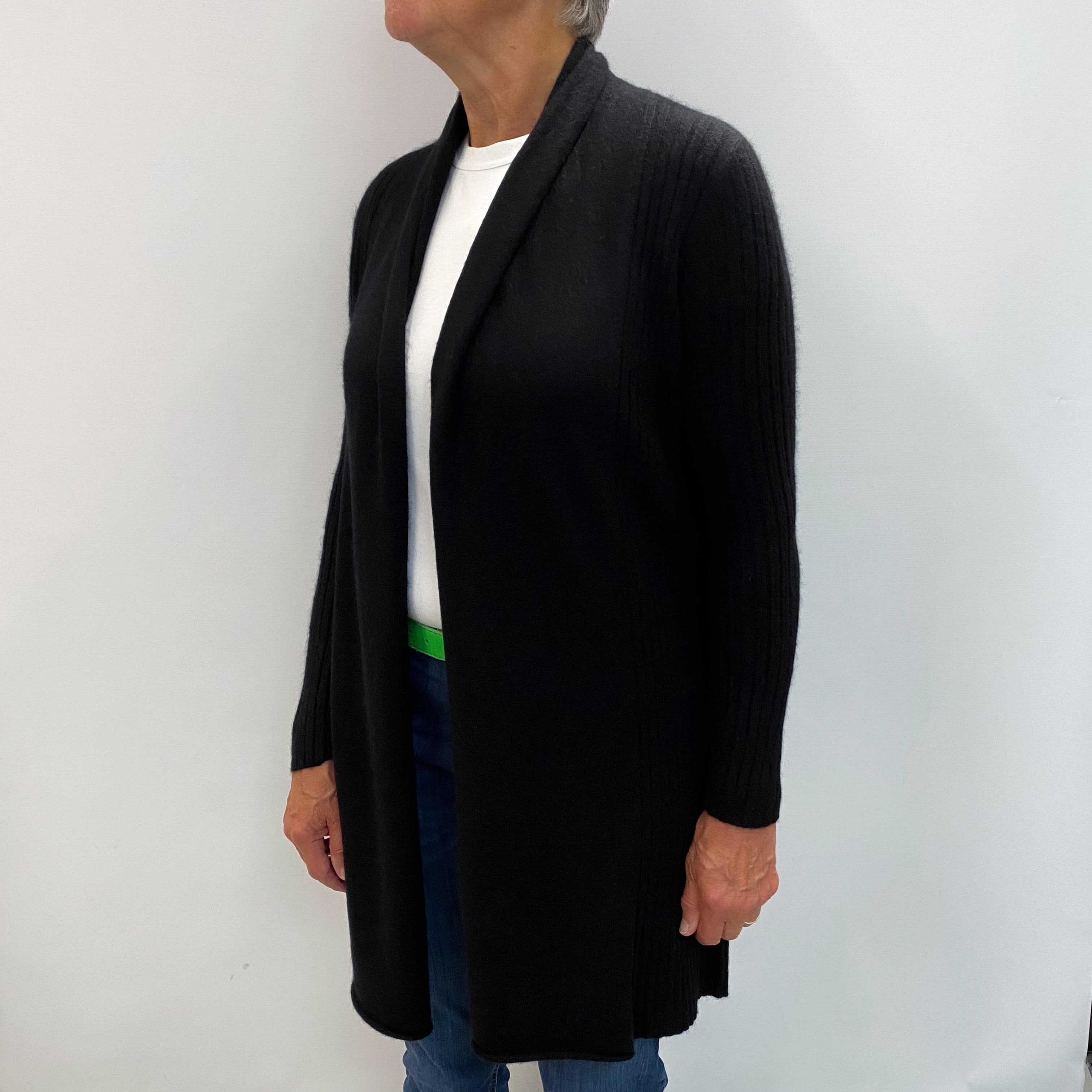 Black Cashmere Edge To Edge Longline Cardigan Medium