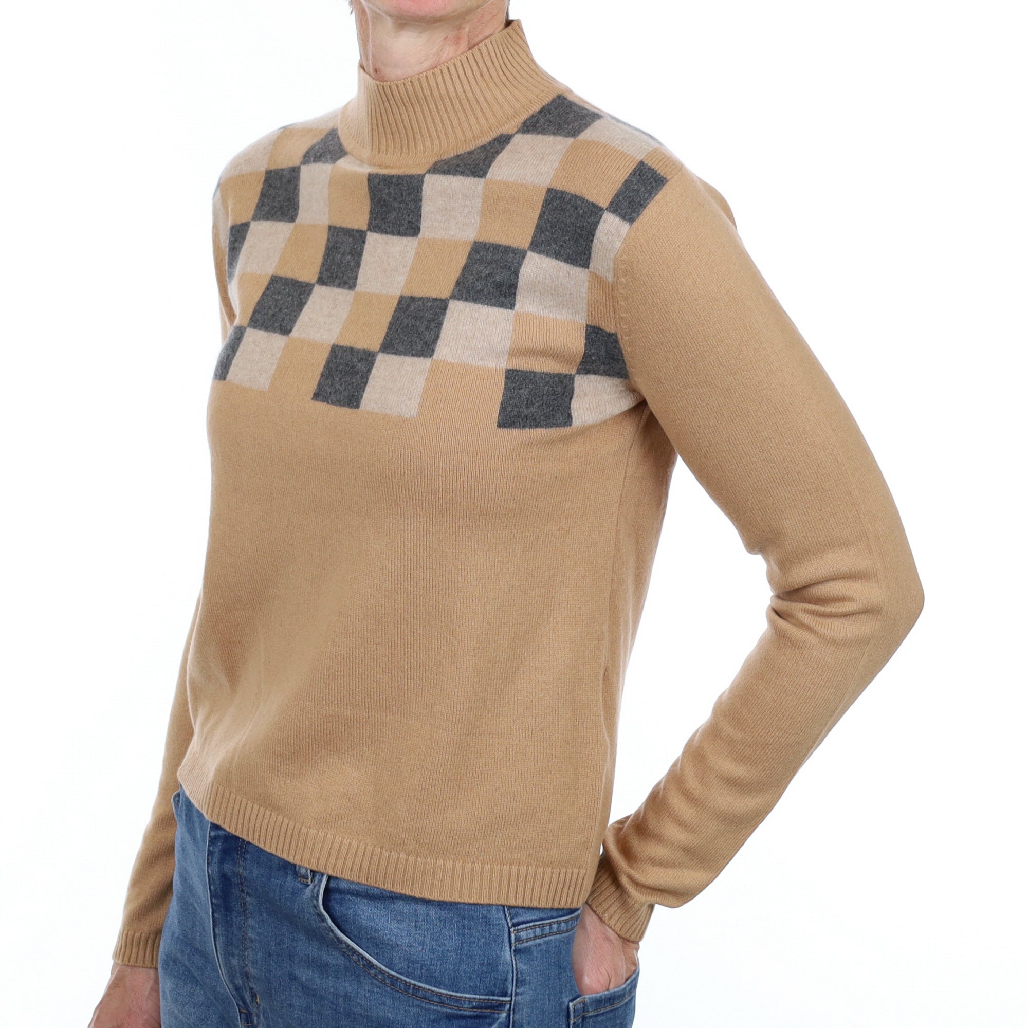 Butterscotch Checked Cashmere Turtle Neck Jumper Small