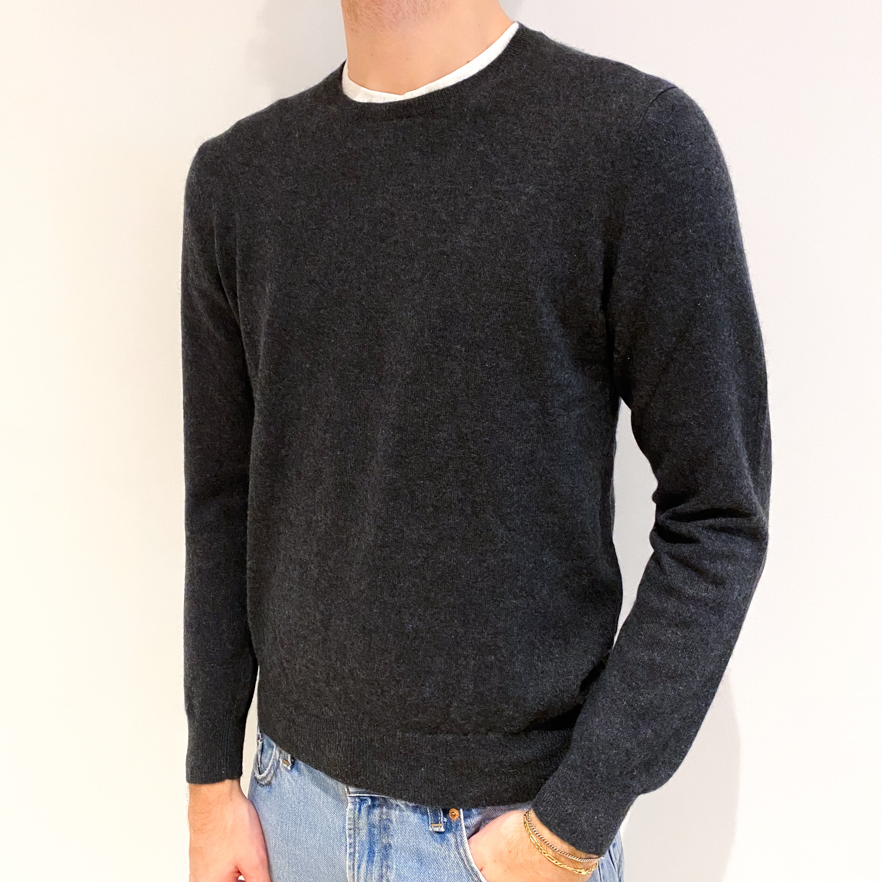 Men's Charcoal Grey Cashmere Crew Neck Jumper Medium