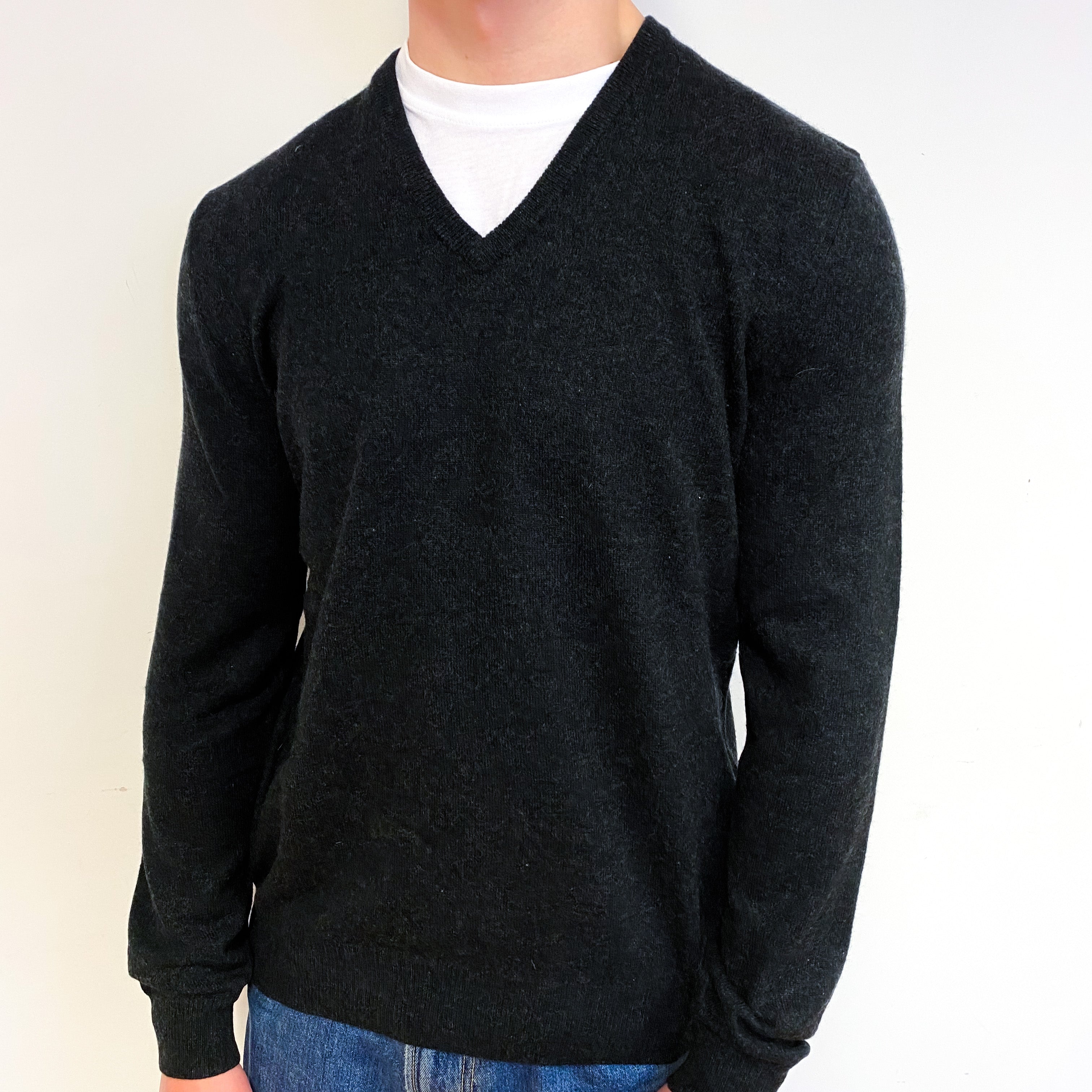 Men's Ralph Lauren Charcoal Grey Cashmere V-Neck Jumper Small