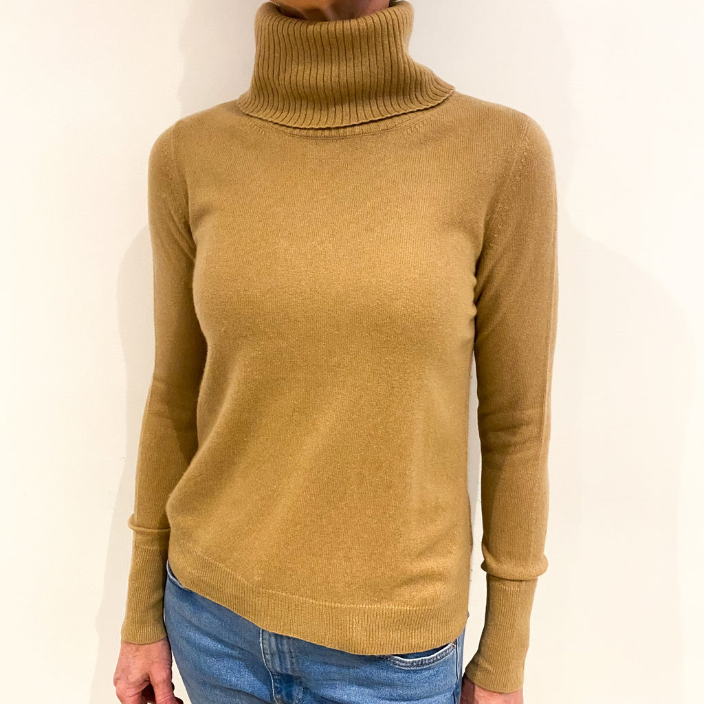 Camel Brown Cashmere Polo Neck Jumper Small