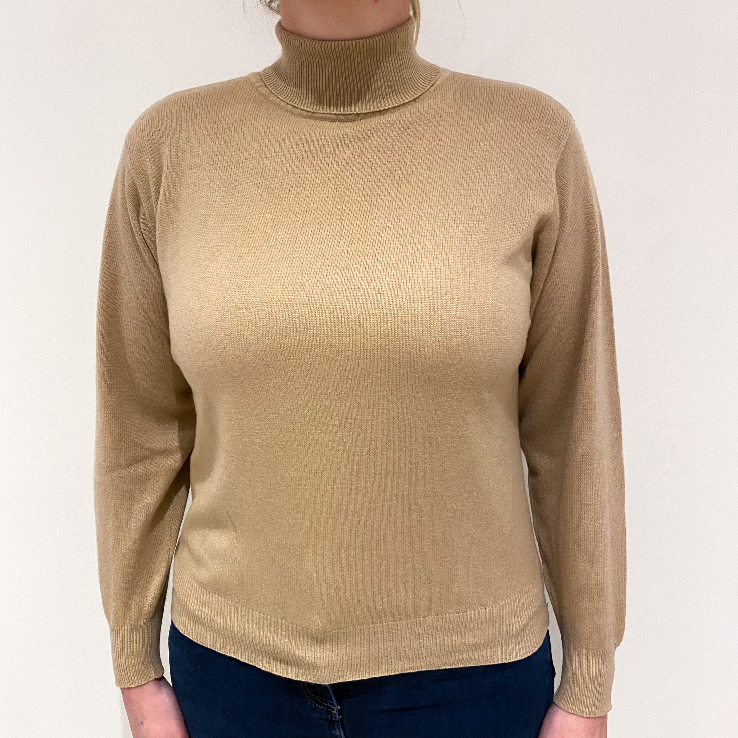 Sand Beige Cashmere Polo Neck Jumper Large