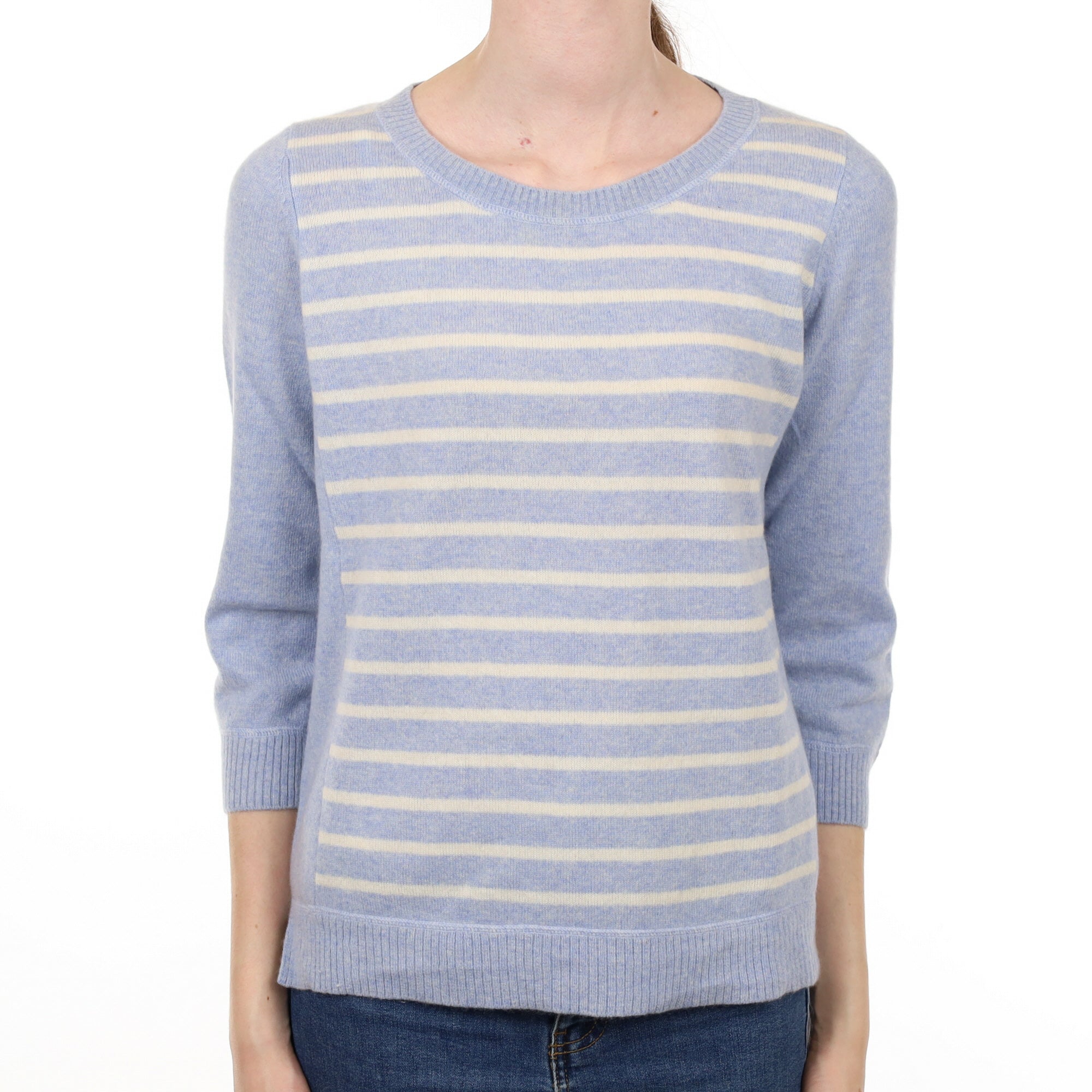 Pale Blue and Cream Striped Cashmere Crew Neck Jumper Extra Small
