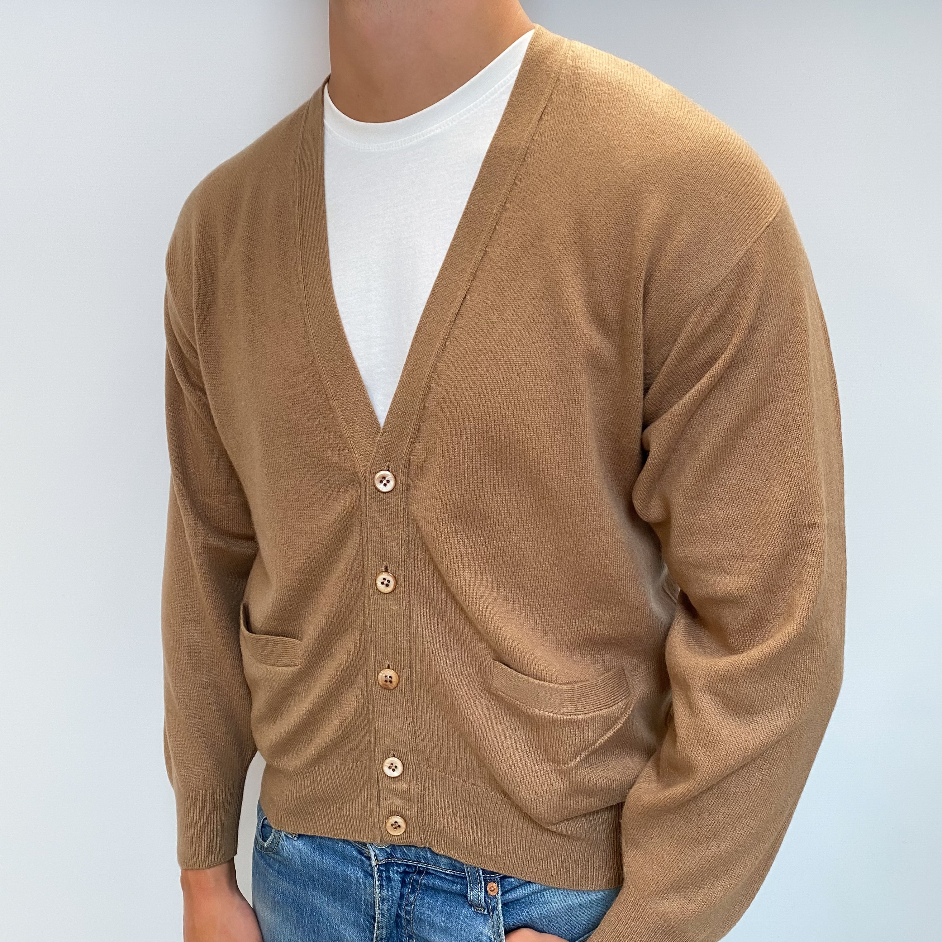 Men's Toffee Brown Cashmere V Neck Cardigan with Pockets XL