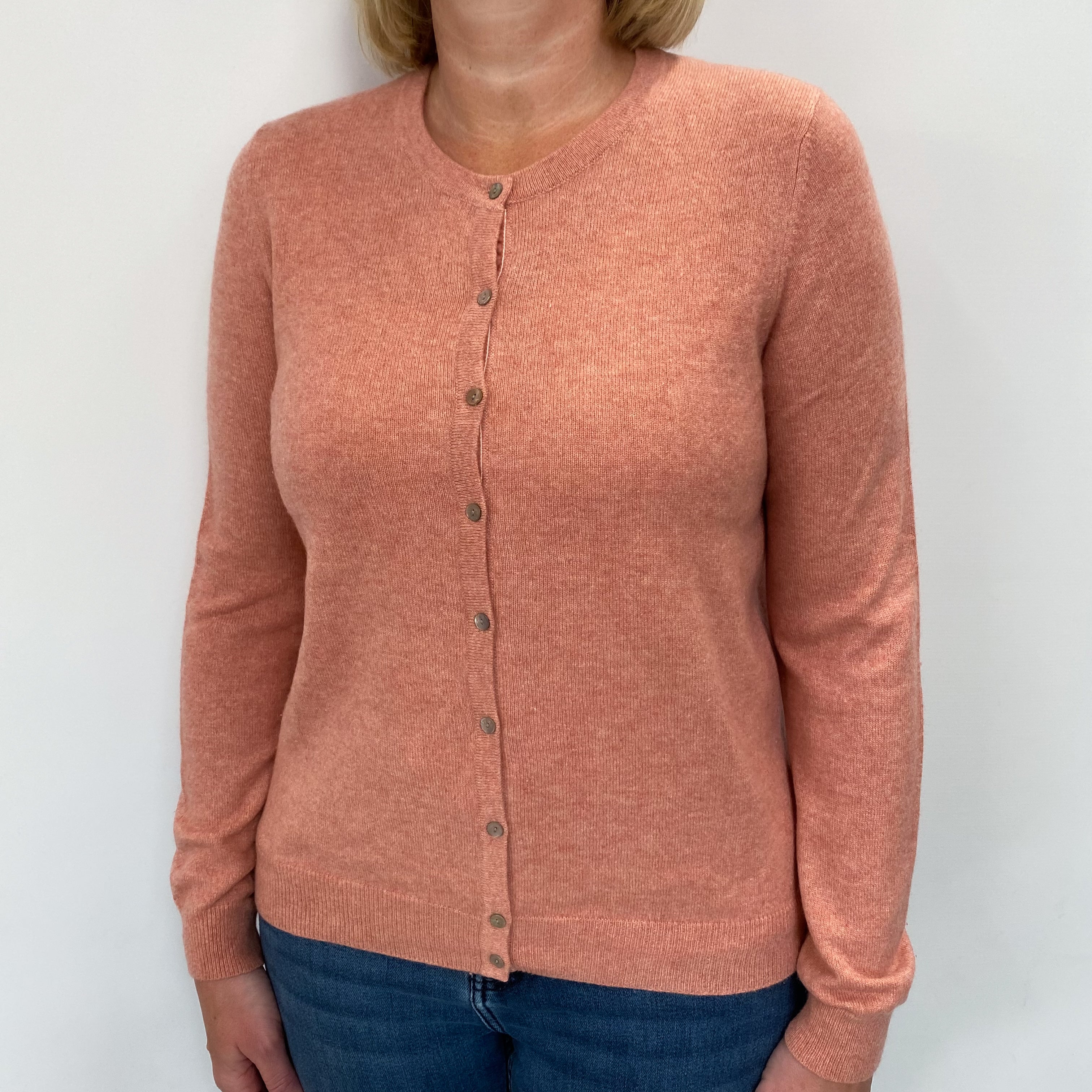 Salmon Pink Cashmere Crew Neck Cardigan Large