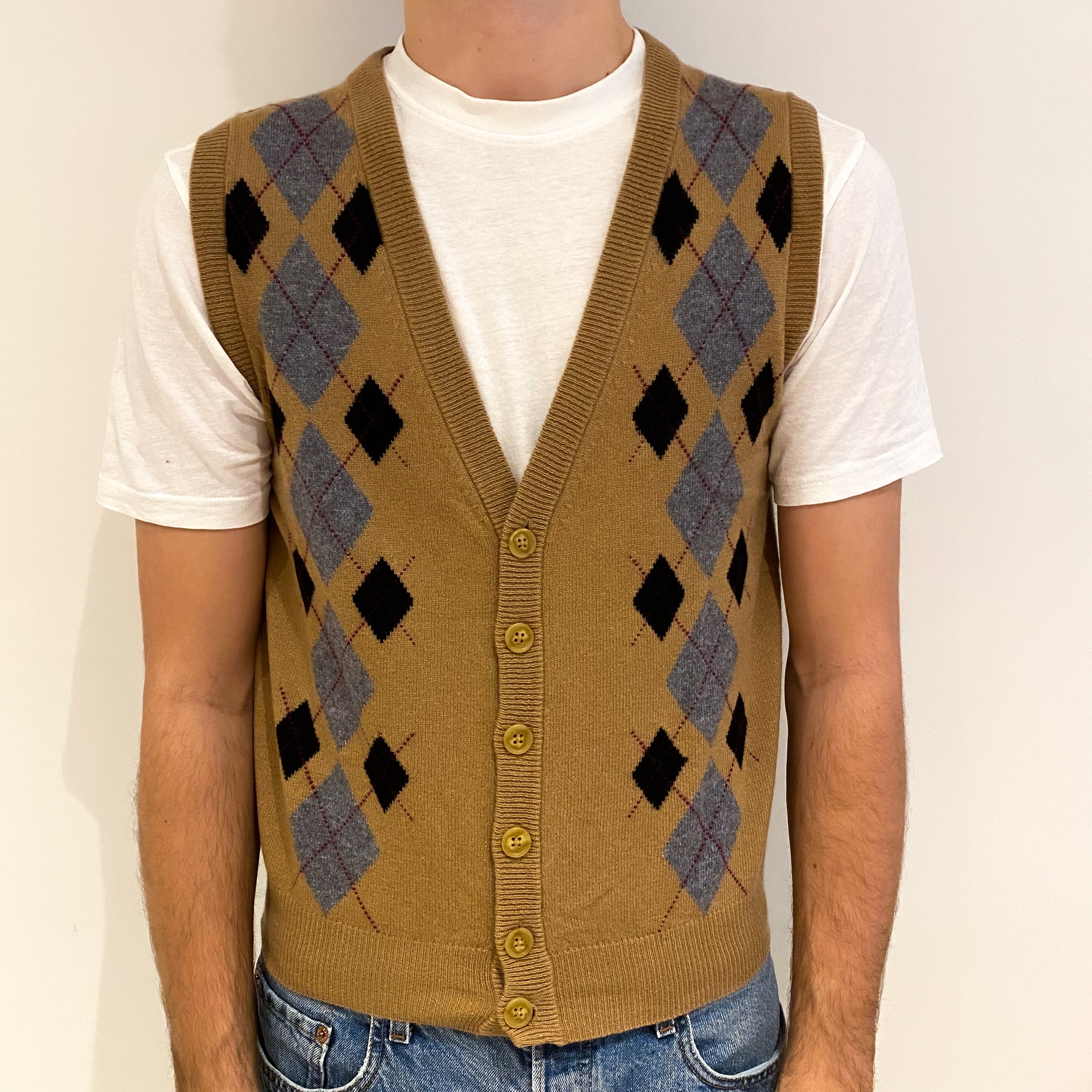 Men's Camel Brown Argyle Cashmere V Neck Gilet Medium