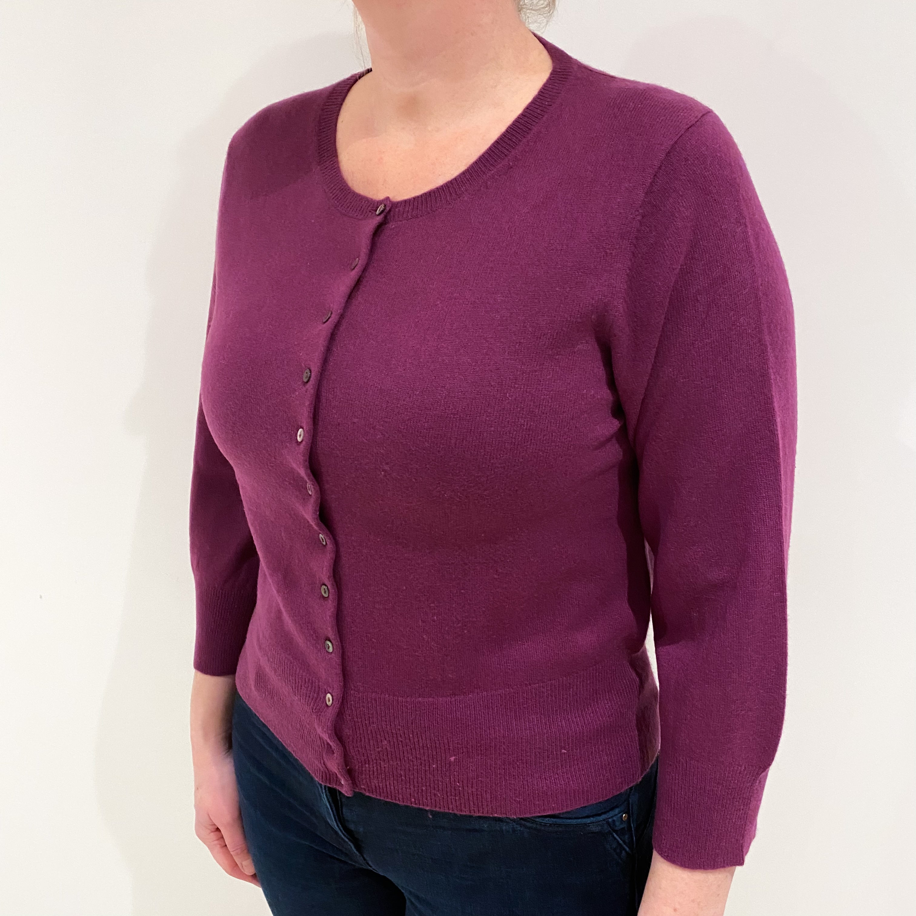 Plum Purple 3/4 Sleeve Cashmere Crew Neck Cardigan Large