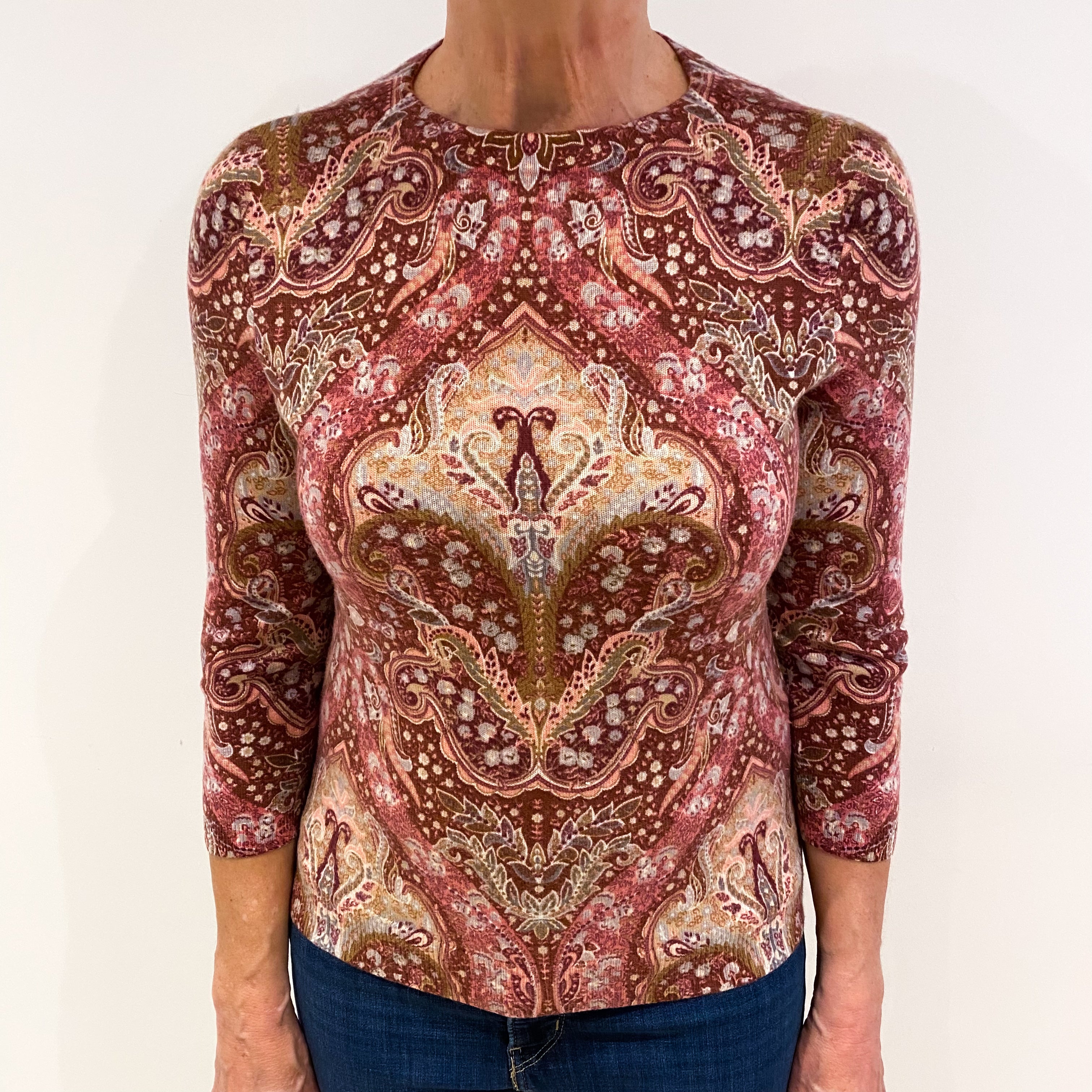 Burgundy Red Patterned Cashmere Crew Neck Jumper Medium