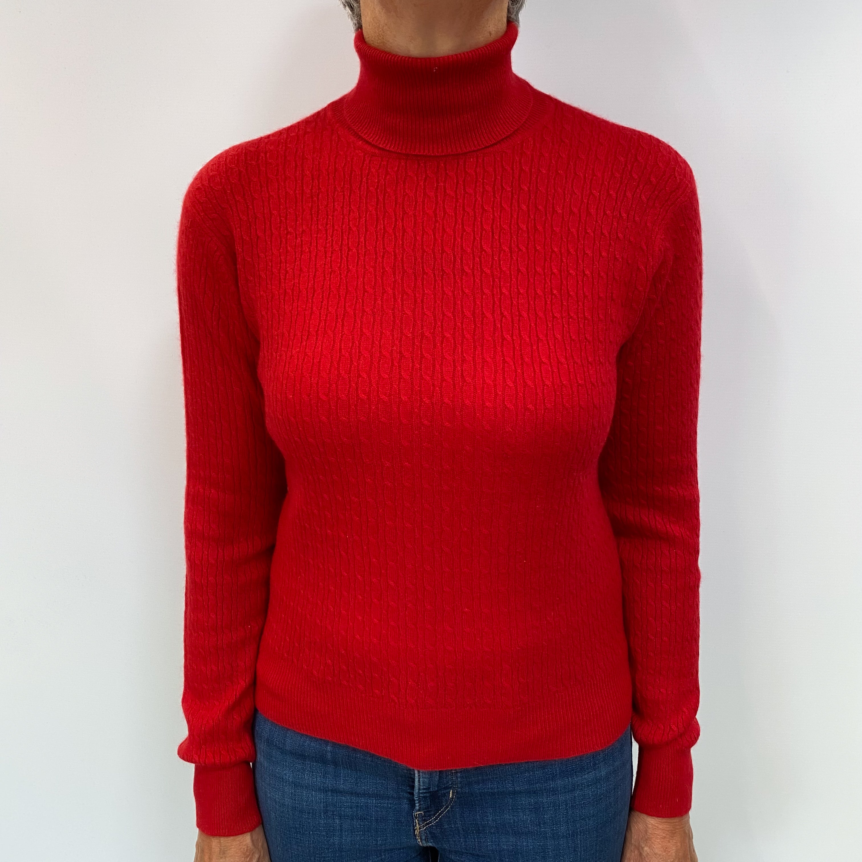 Scarlet Red Cashmere Polo Neck Cable Knit Jumper Medium