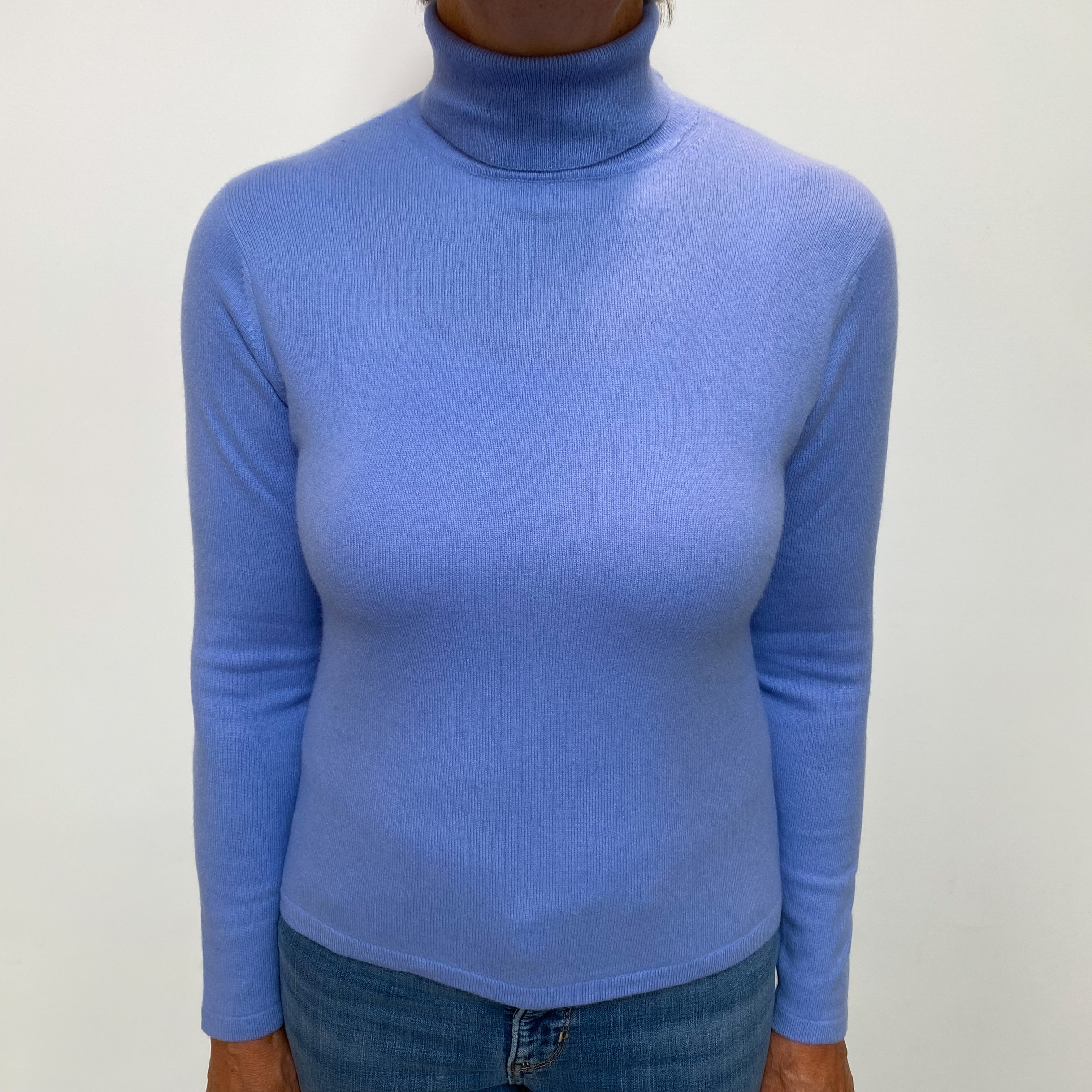 Cornflower Blue Cashmere Polo Neck Jumper Medium